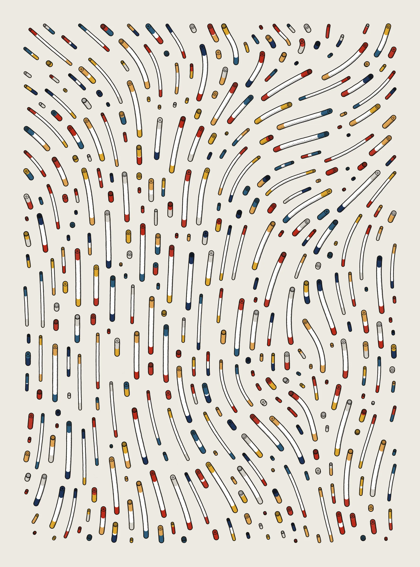 A generative series inspired by childhood memories, play and exploration. The program can use a variety of motions, collision types, colour processes, palettes and scales to create a wide range playful output.