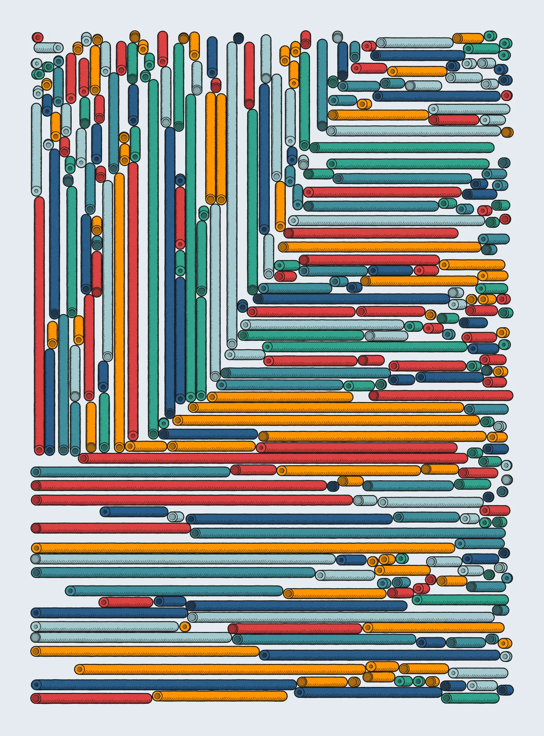 A generative series inspired by childhood memories, play and exploration. The program can use a variety of motions, collision types, colour processes, palettes and scales to create a wide range playful output.