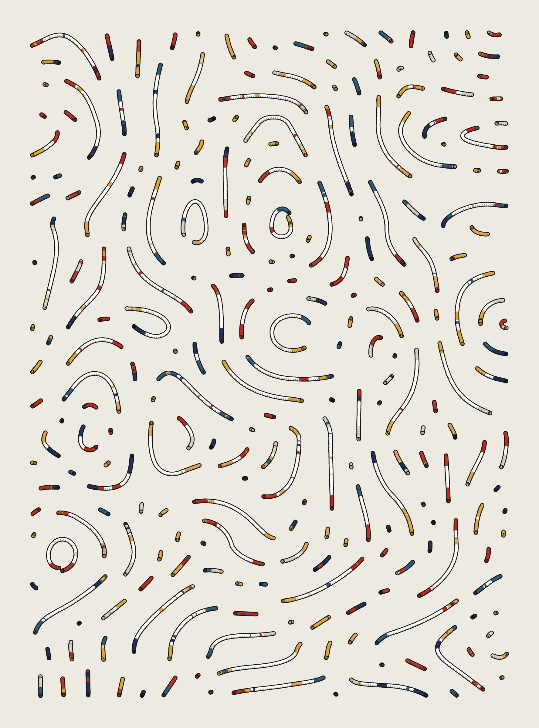 A generative series inspired by childhood memories, play and exploration. The program can use a variety of motions, collision types, colour processes, palettes and scales to create a wide range playful output.