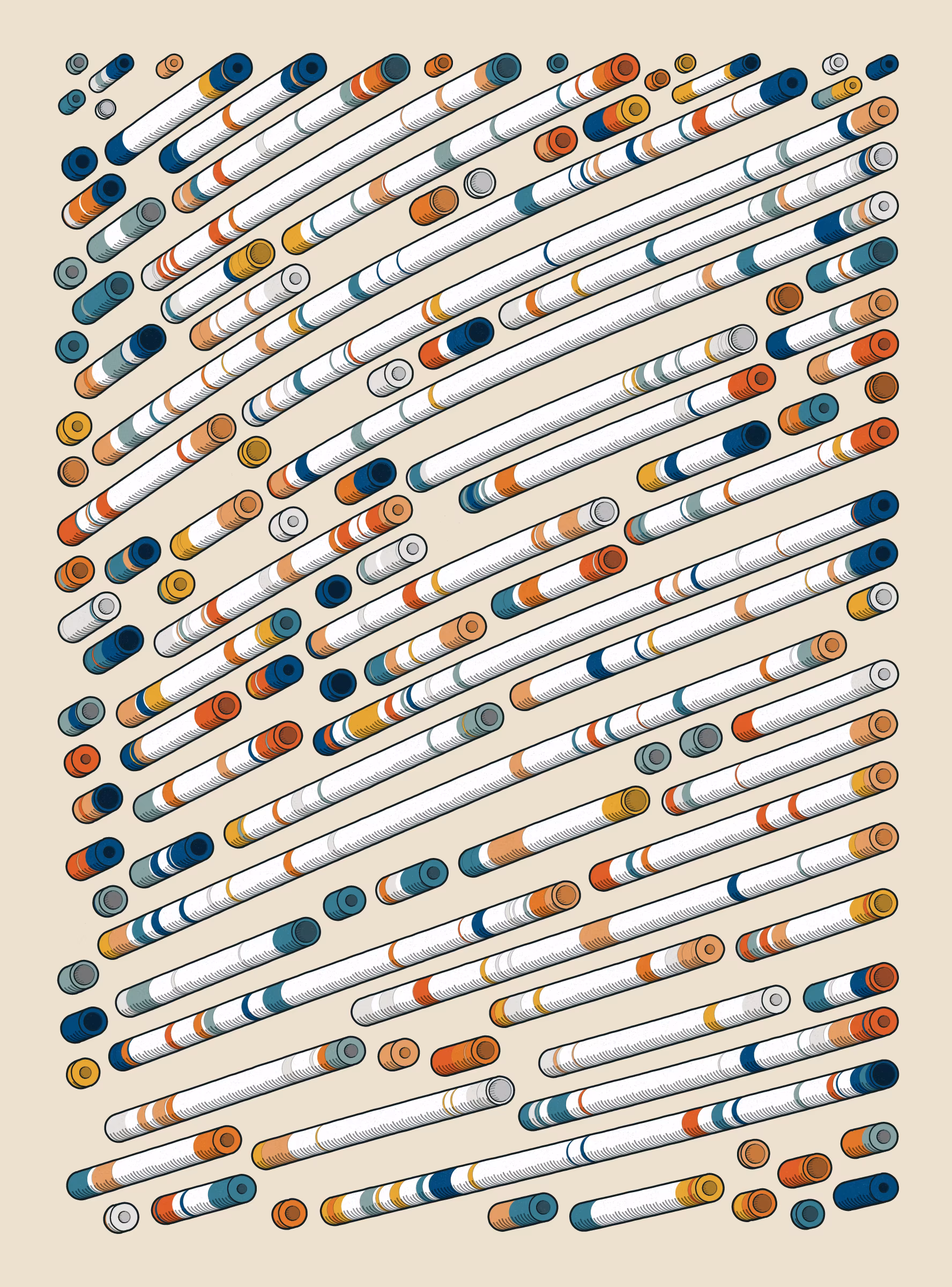 A generative series inspired by childhood memories, play and exploration. The program can use a variety of motions, collision types, colour processes, palettes and scales to create a wide range playful output.