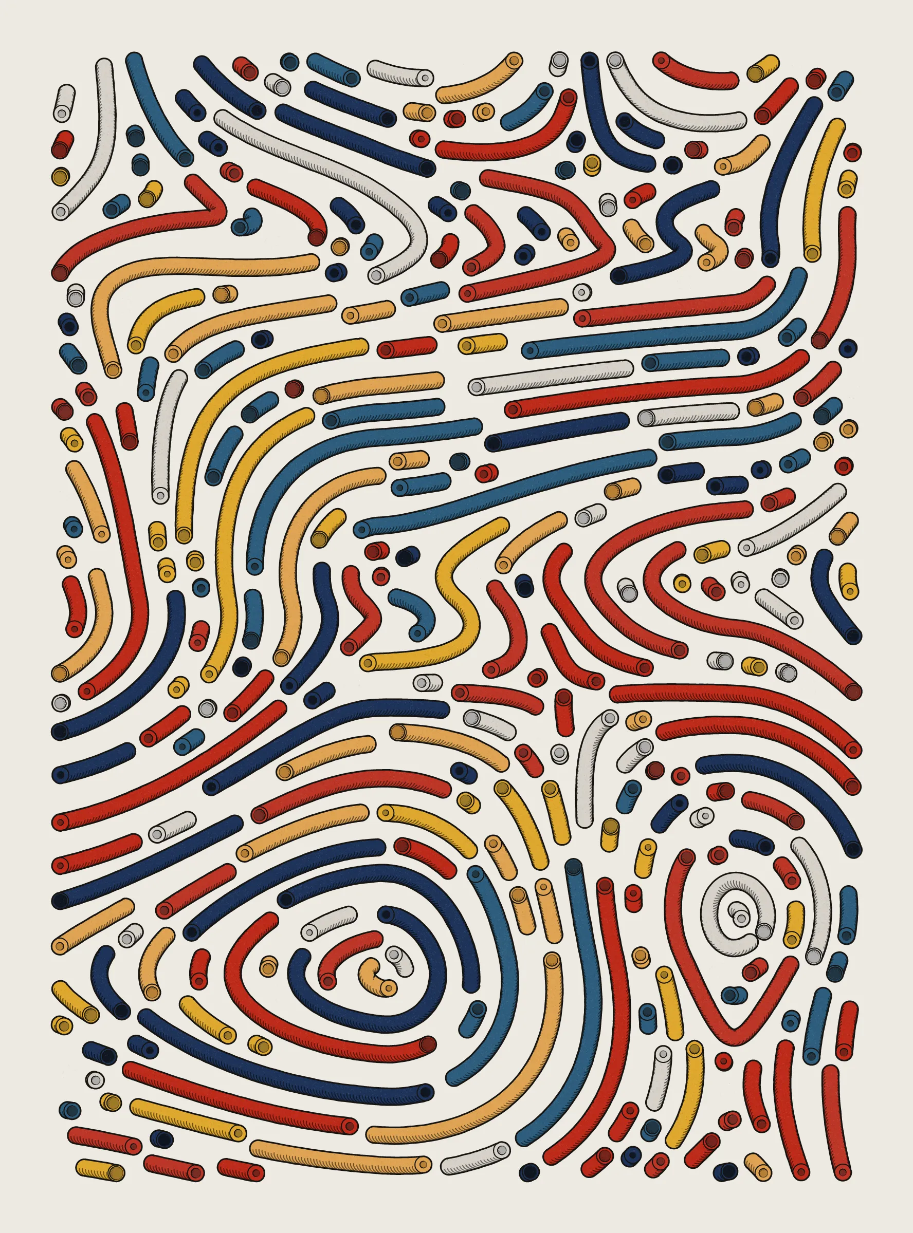 A generative series inspired by childhood memories, play and exploration. The program can use a variety of motions, collision types, colour processes, palettes and scales to create a wide range playful output.