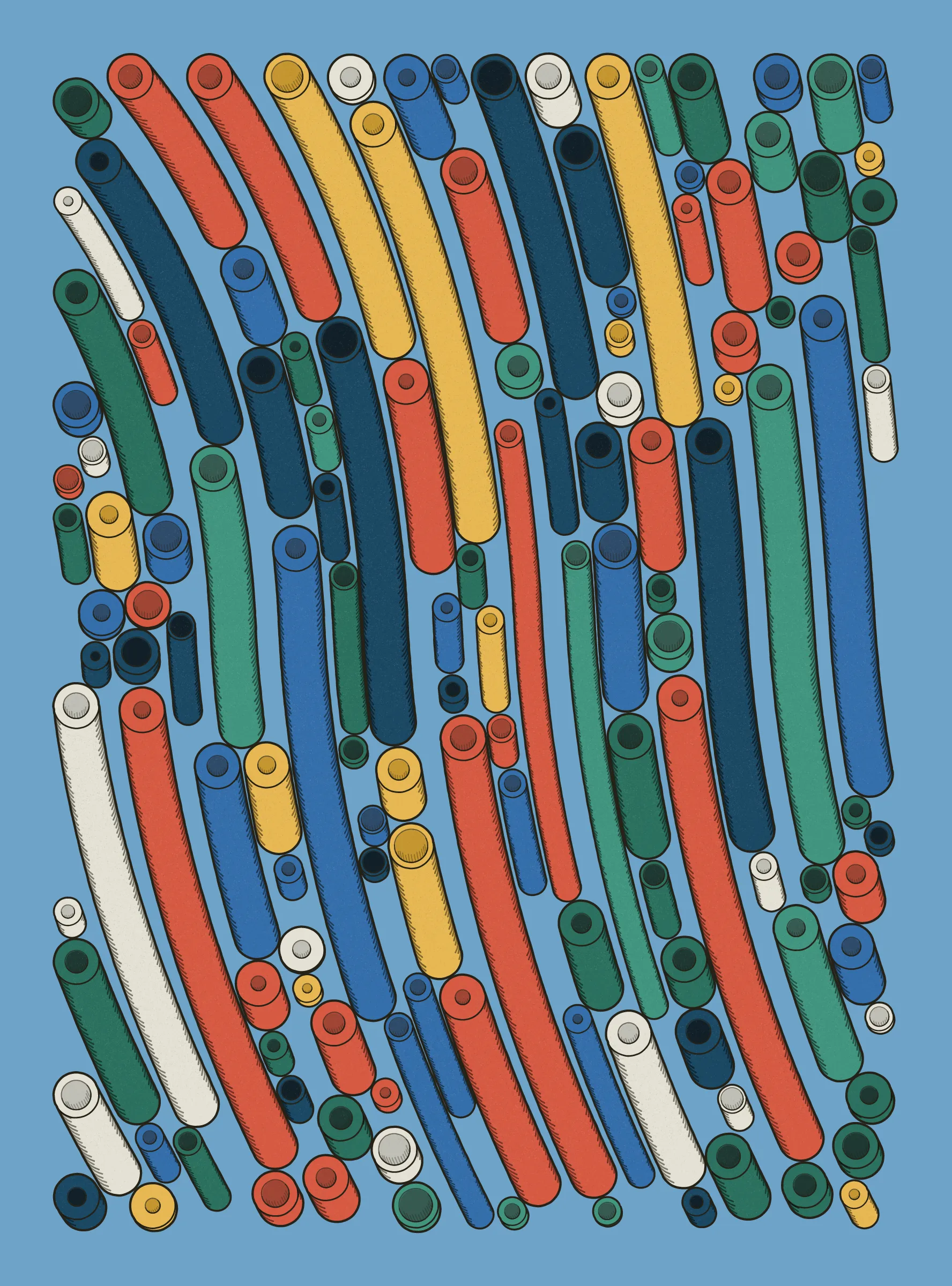 A generative series inspired by childhood memories, play and exploration. The program can use a variety of motions, collision types, colour processes, palettes and scales to create a wide range playful output.