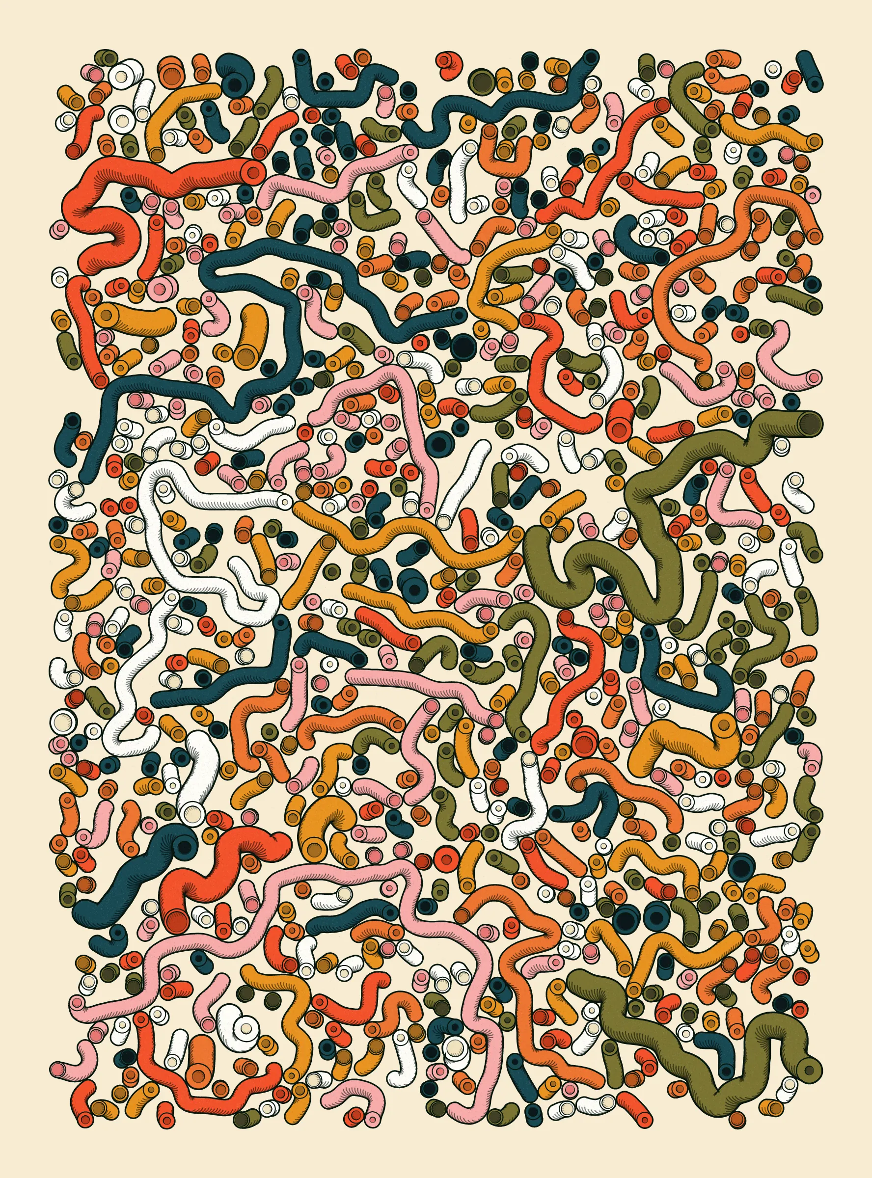 A generative series inspired by childhood memories, play and exploration. The program can use a variety of motions, collision types, colour processes, palettes and scales to create a wide range playful output.