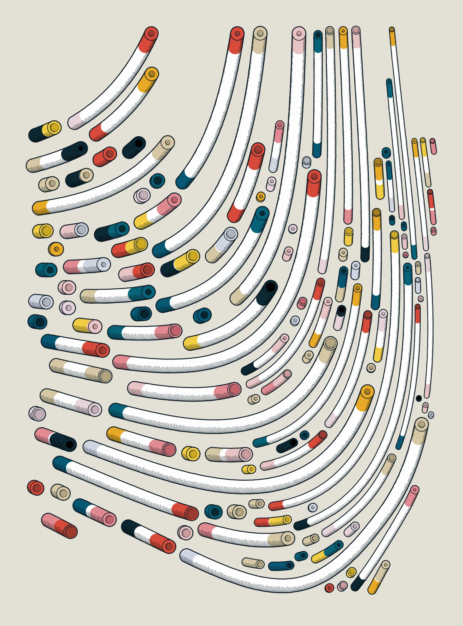 A generative series inspired by childhood memories, play and exploration. The program can use a variety of motions, collision types, colour processes, palettes and scales to create a wide range playful output.