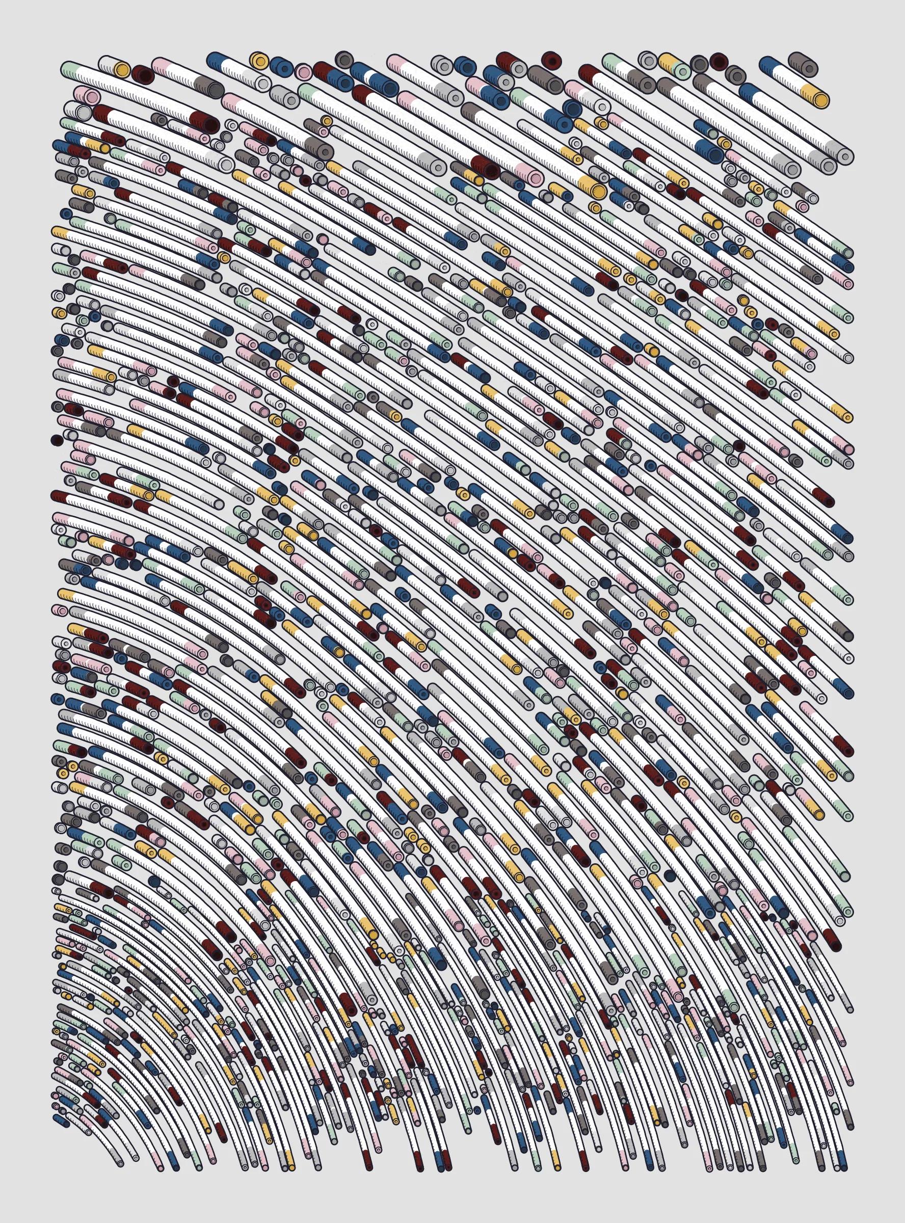 A generative series inspired by childhood memories, play and exploration. The program can use a variety of motions, collision types, colour processes, palettes and scales to create a wide range playful output.