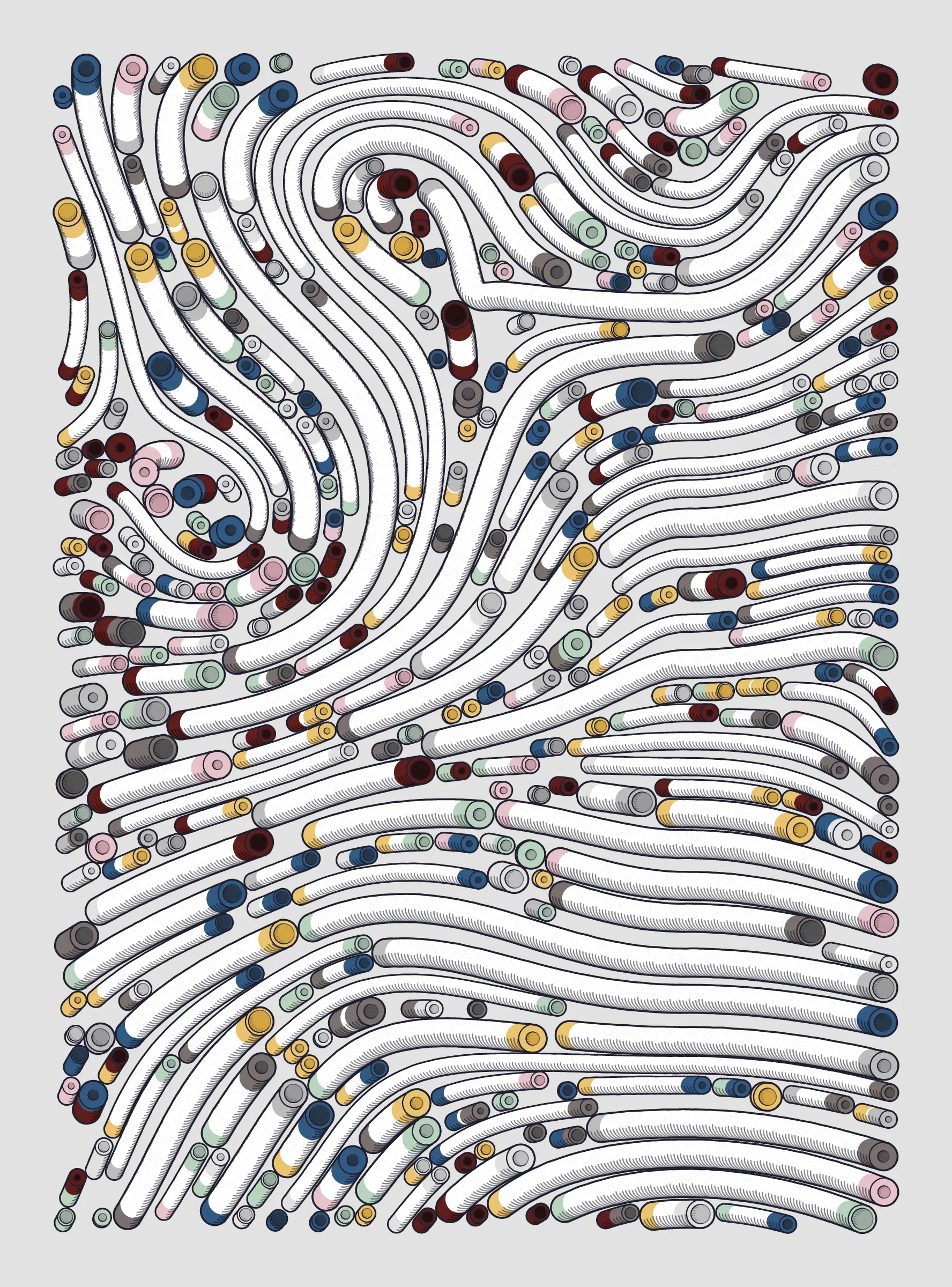 A generative series inspired by childhood memories, play and exploration. The program can use a variety of motions, collision types, colour processes, palettes and scales to create a wide range playful output.