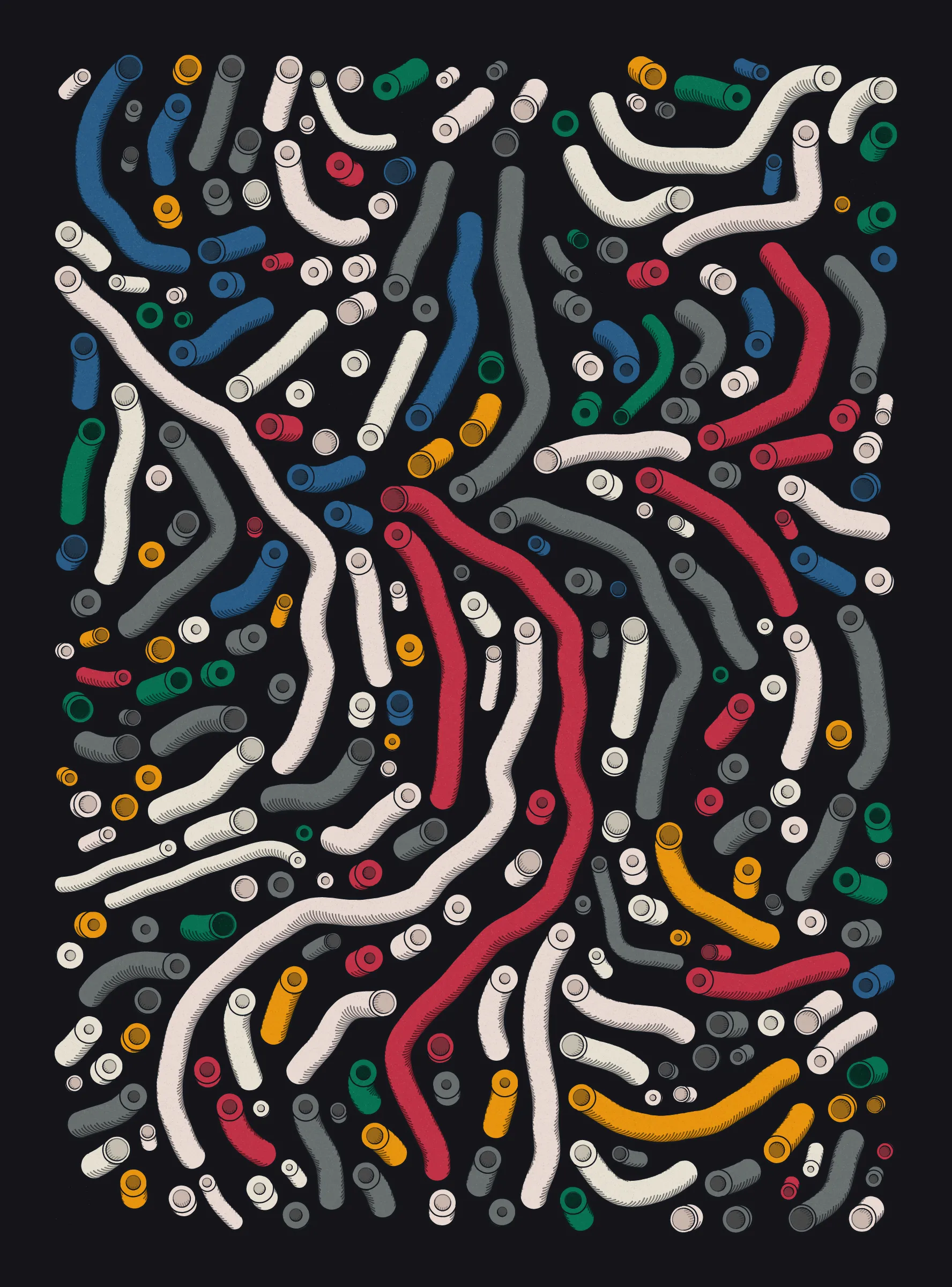 A generative series inspired by childhood memories, play and exploration. The program can use a variety of motions, collision types, colour processes, palettes and scales to create a wide range playful output.