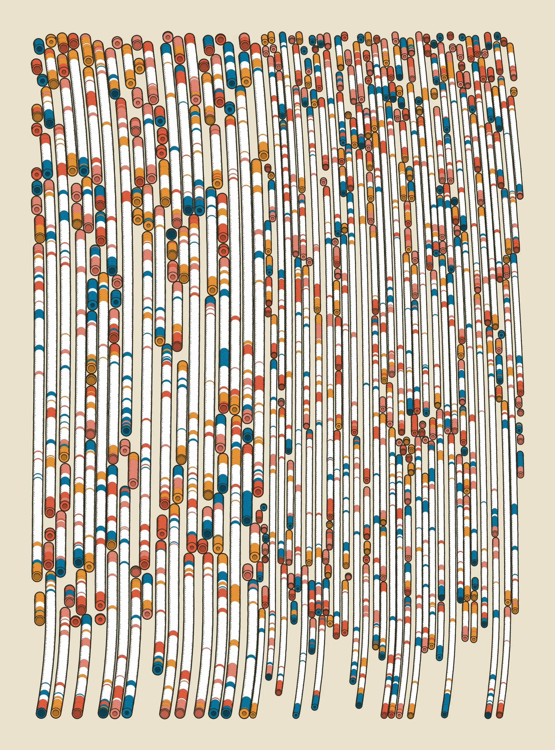 A generative series inspired by childhood memories, play and exploration. The program can use a variety of motions, collision types, colour processes, palettes and scales to create a wide range playful output.