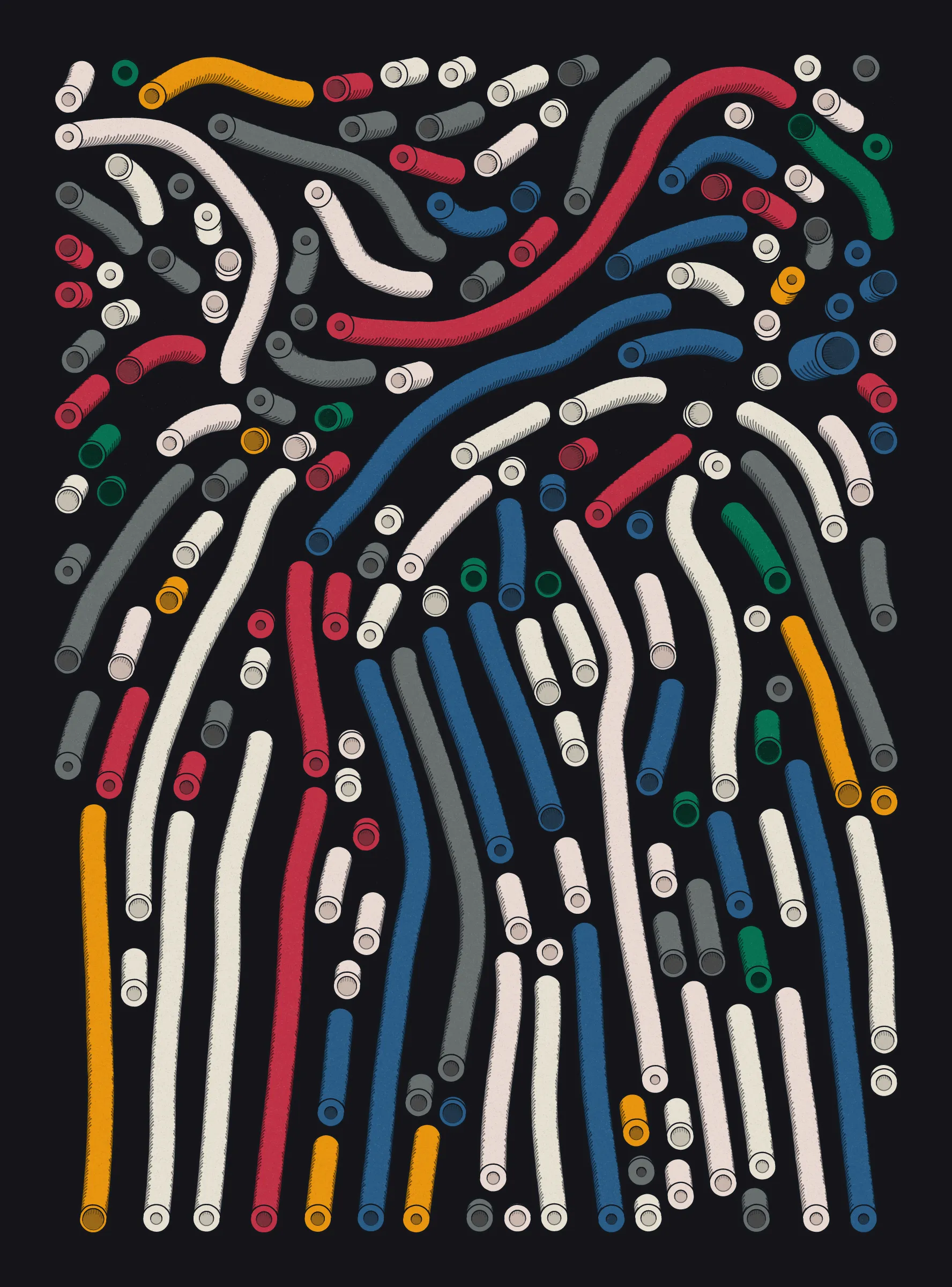 A generative series inspired by childhood memories, play and exploration. The program can use a variety of motions, collision types, colour processes, palettes and scales to create a wide range playful output.