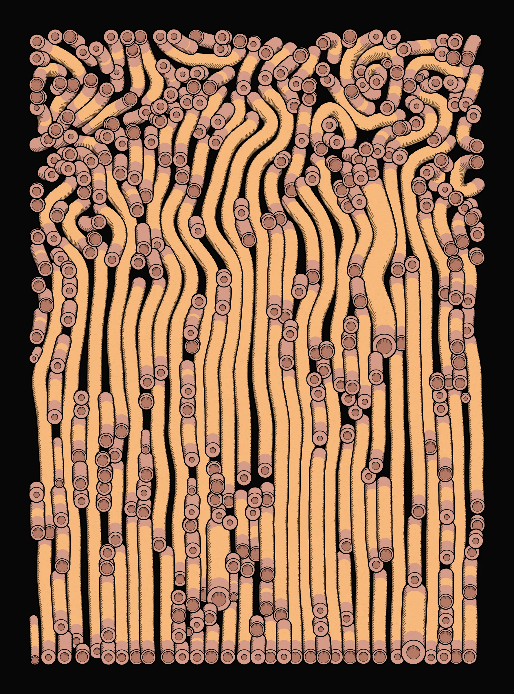 A generative series inspired by childhood memories, play and exploration. The program can use a variety of motions, collision types, colour processes, palettes and scales to create a wide range playful output.