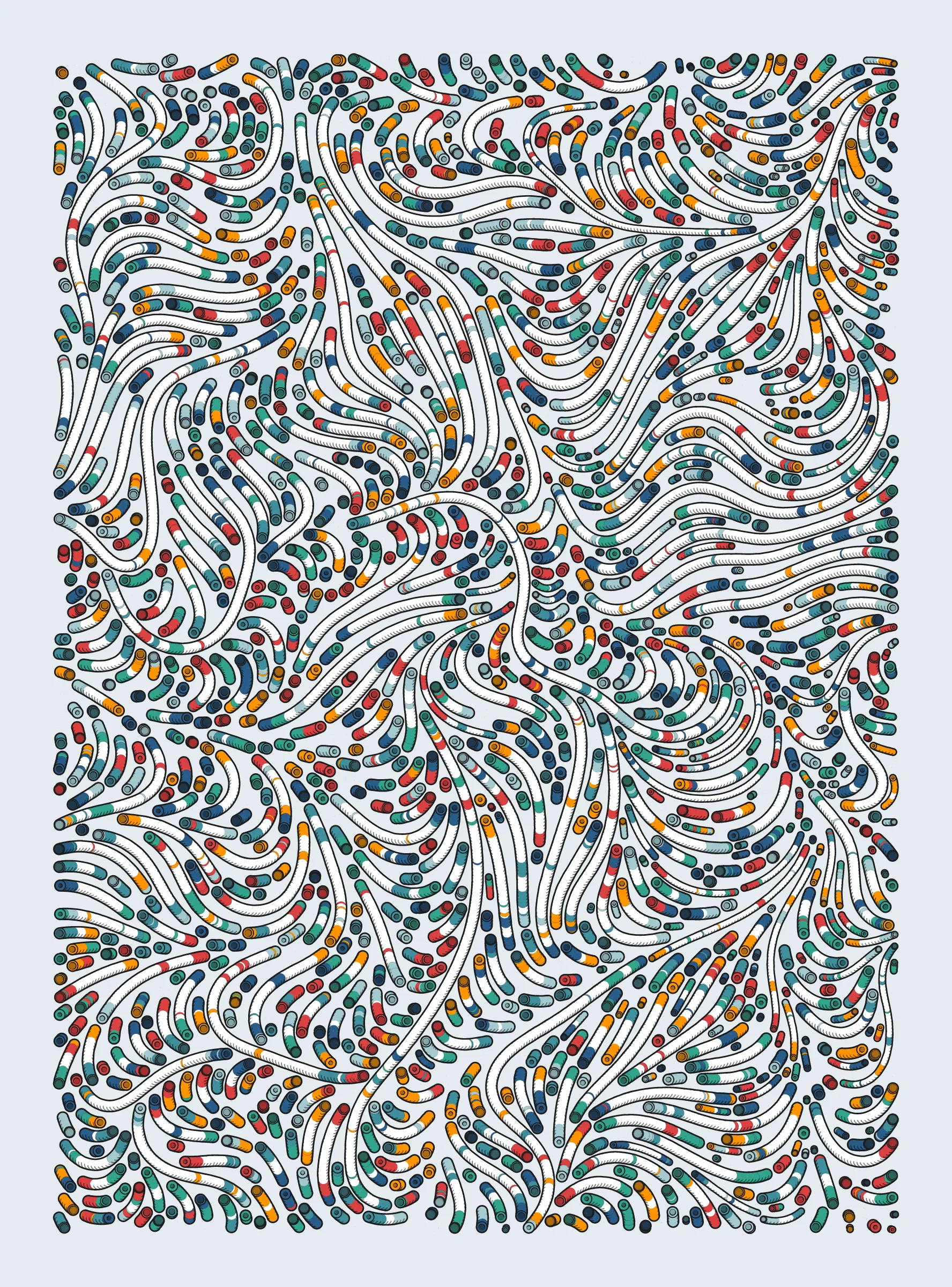 A generative series inspired by childhood memories, play and exploration. The program can use a variety of motions, collision types, colour processes, palettes and scales to create a wide range playful output.