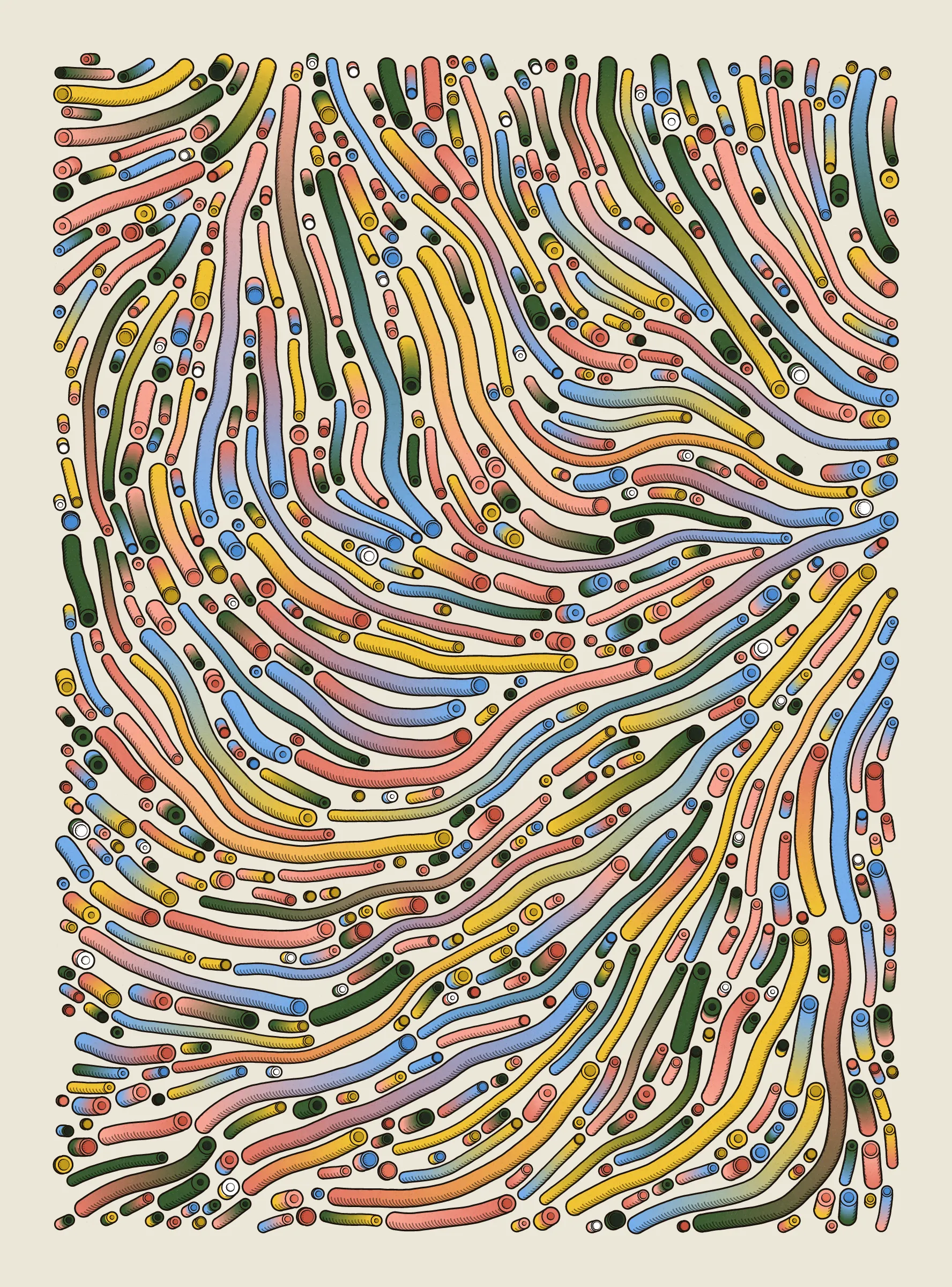 A generative series inspired by childhood memories, play and exploration. The program can use a variety of motions, collision types, colour processes, palettes and scales to create a wide range playful output.