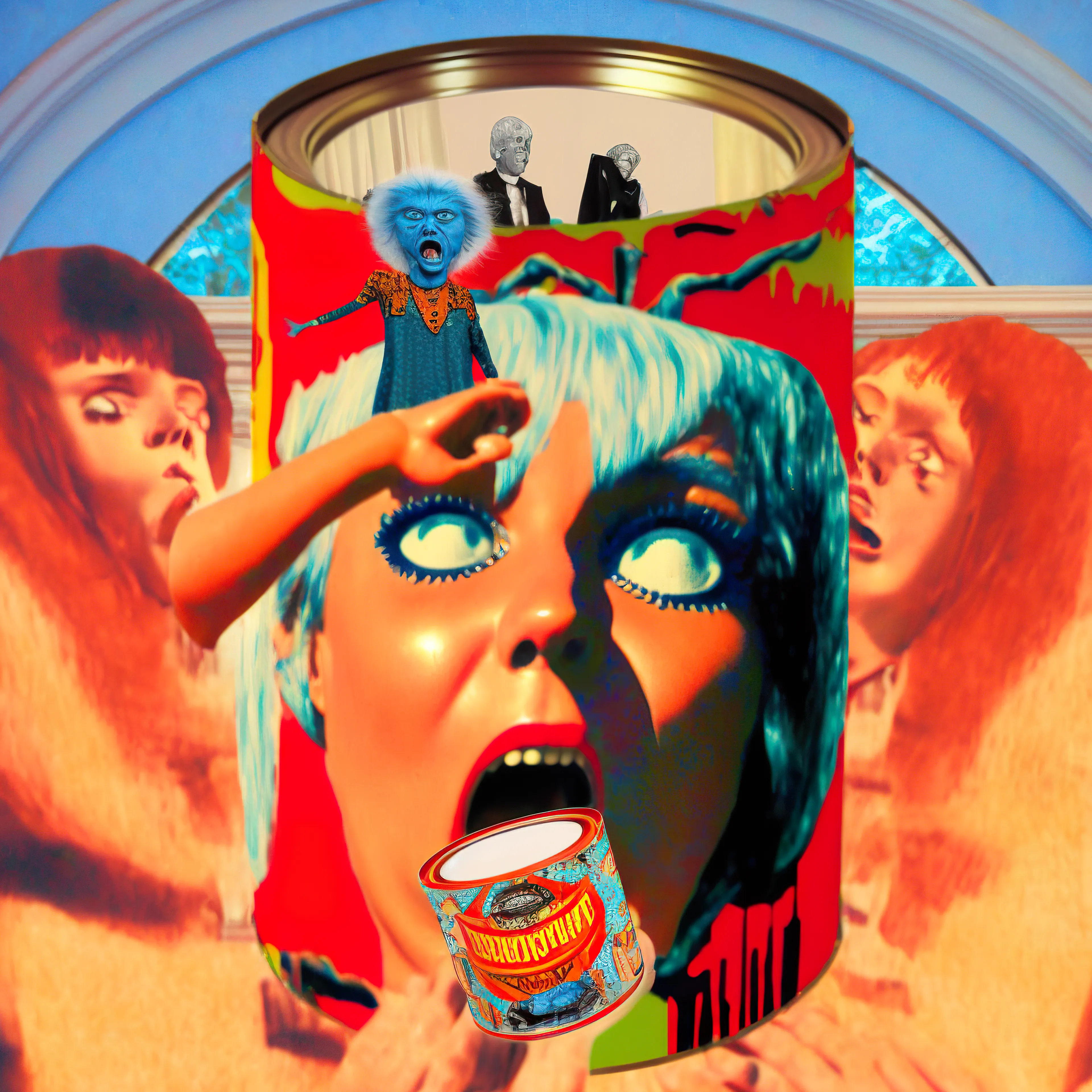 A series of surreal pulp cans generated using Midjourney (a.i)