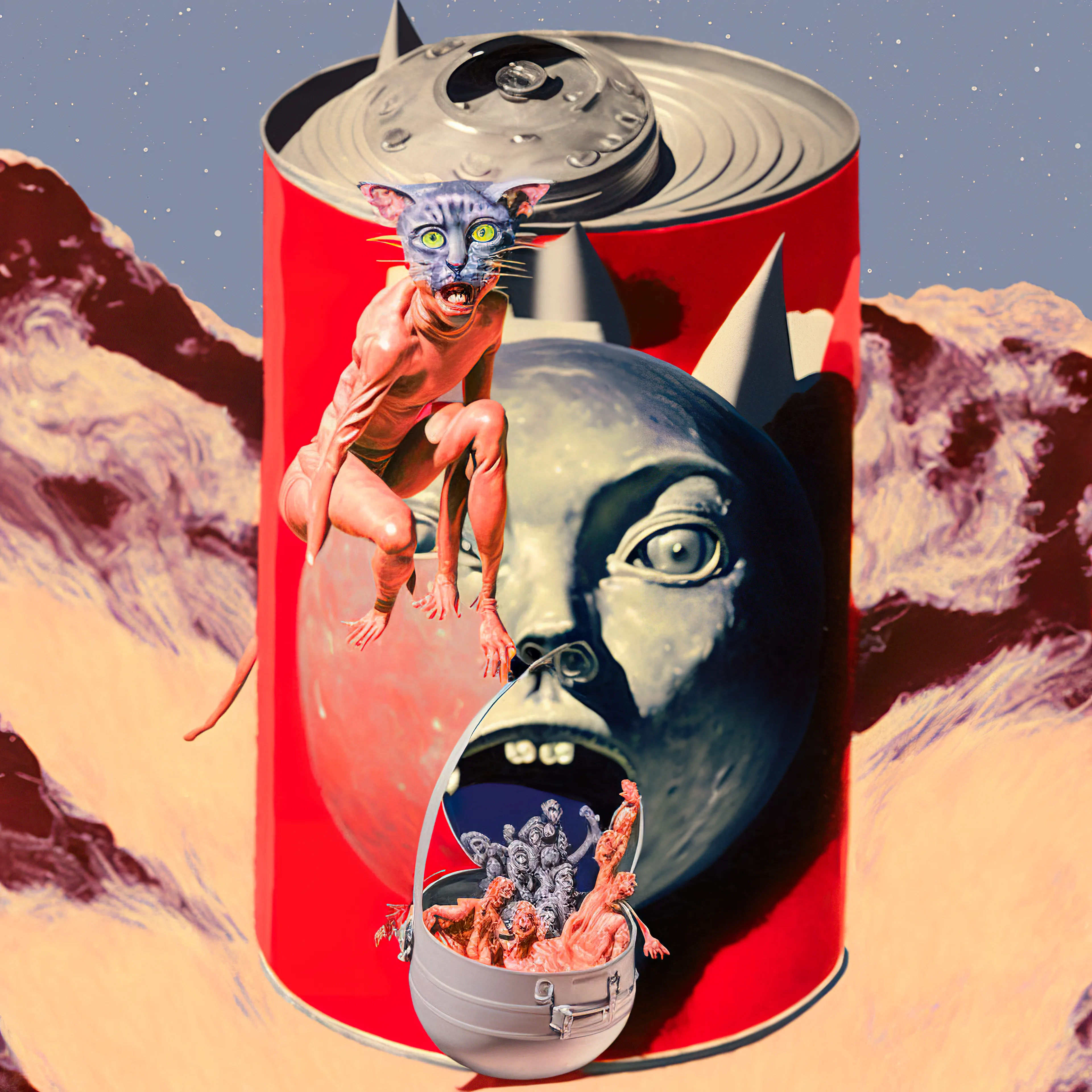 A series of surreal pulp cans generated using Midjourney (a.i)
