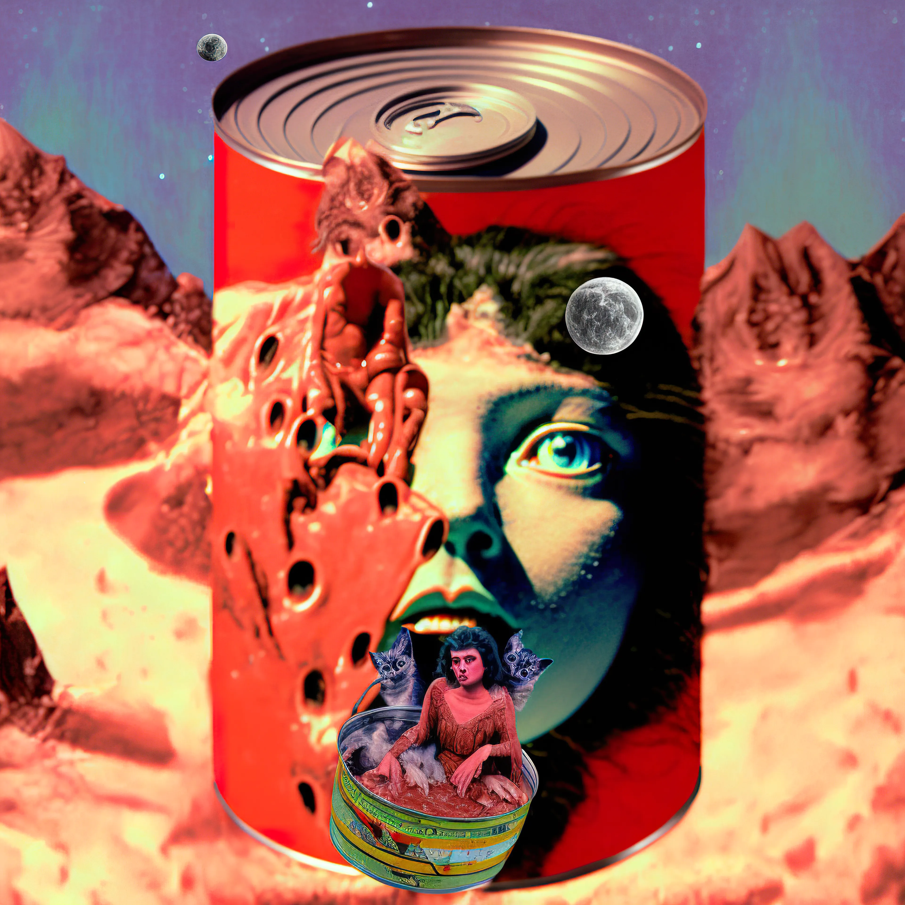 A series of surreal pulp cans generated using Midjourney (a.i)
