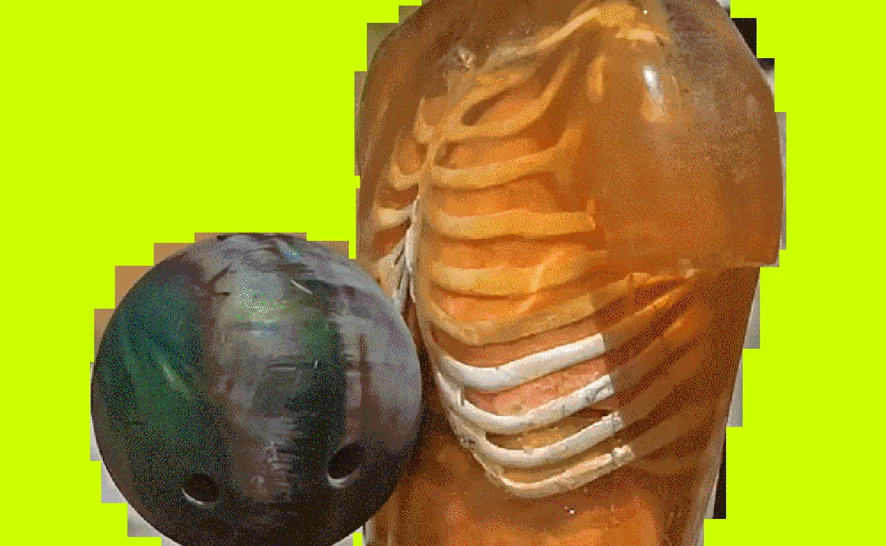 Wrath

When it comes to her GIF artworks, Lorna Mills draws material from many different sources. It’s not uncommon to see pornography, animal videos, and all other manner of internet eye candy cut out and transposed in her work against a bright colored background. In _Diatriber_, source material comes from weapons demonstrations on ballistic gel dummies posted to YouTube. In these videos, a weapon—be it a sword, gun, axe, or otherwise—is used, typically by a man, with full force against a dummy. The dummies are made to mimic human flesh in order to accurately test the weapon, and for the sake of effect, they often spurt fake blood. When this concoction comes into contact with the right weapon at the right speed, the result is a flurry of particles of blood, gel, and fake bone, meticulously identified and sculpted frame by frame in Mills’ hand-crafted style. Mills has described Diatriber as a “giant temper tantrum,” and in viewing the carnage, the viewer can’t help but take part.