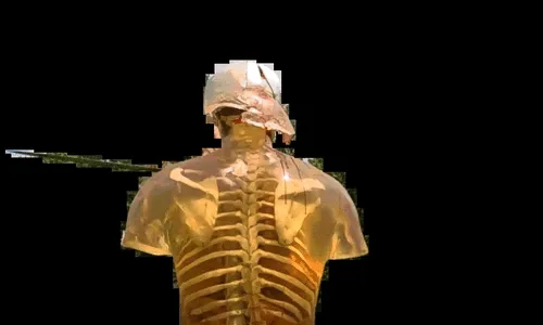 Wrath

When it comes to her GIF artworks, Lorna Mills draws material from many different sources. It’s not uncommon to see pornography, animal videos, and all other manner of internet eye candy cut out and transposed in her work against a bright colored background. In _Diatriber_, source material comes from weapons demonstrations on ballistic gel dummies posted to YouTube. In these videos, a weapon—be it a sword, gun, axe, or otherwise—is used, typically by a man, with full force against a dummy. The dummies are made to mimic human flesh in order to accurately test the weapon, and for the sake of effect, they often spurt fake blood. When this concoction comes into contact with the right weapon at the right speed, the result is a flurry of particles of blood, gel, and fake bone, meticulously identified and sculpted frame by frame in Mills’ hand-crafted style. Mills has described Diatriber as a “giant temper tantrum,” and in viewing the carnage, the viewer can’t help but take part.