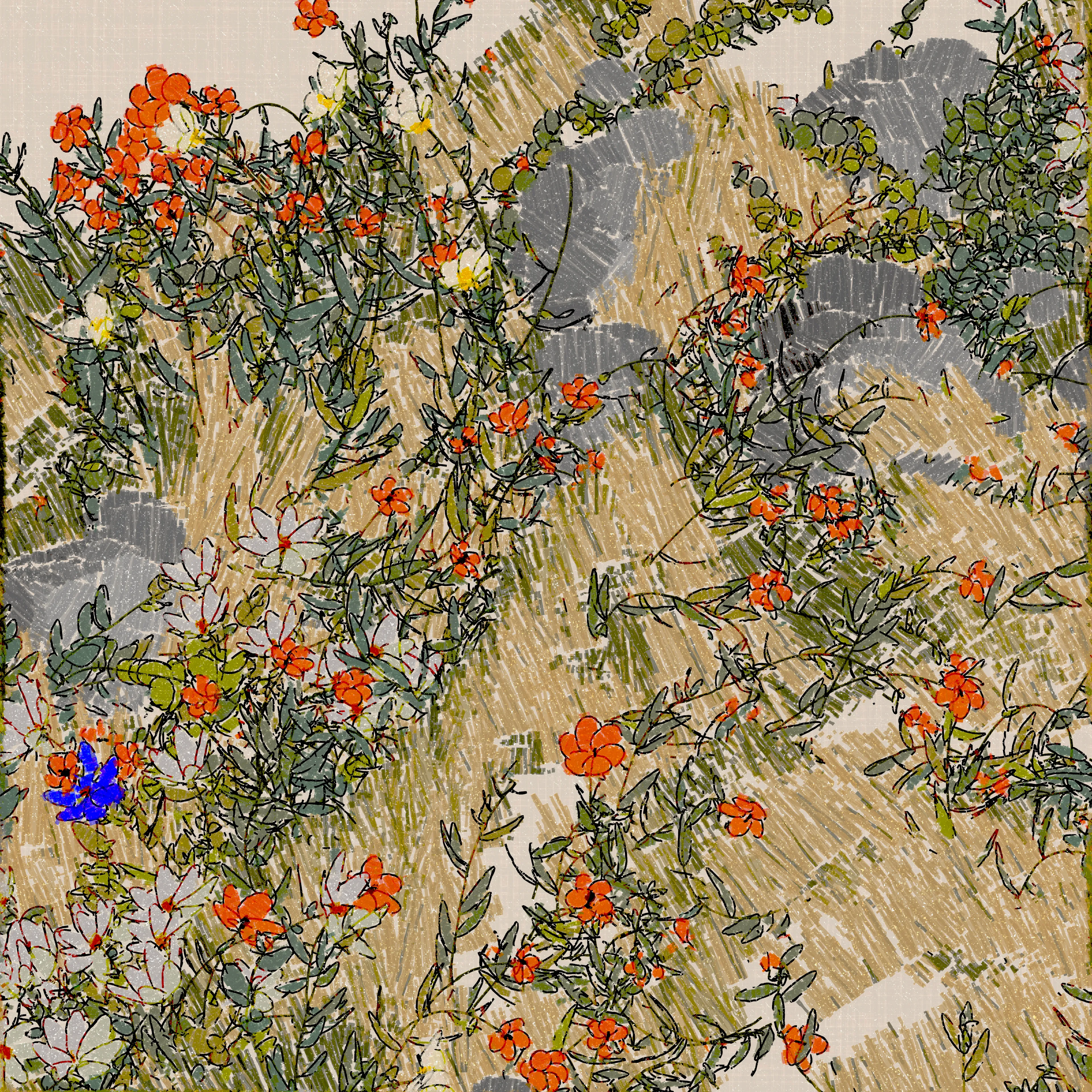 This work was inspired by road trips up and down the California coast last spring. We had an especially wet winter, and the blooms that followed were hard to ignore and hard to forget. From San Diego to Moss Beach, there were tree poppies, California poppies, bush poppies, lupines, cosmos, crown daisies, and Marguerite daisies. Many others too, but these are the ones that stood out to me.