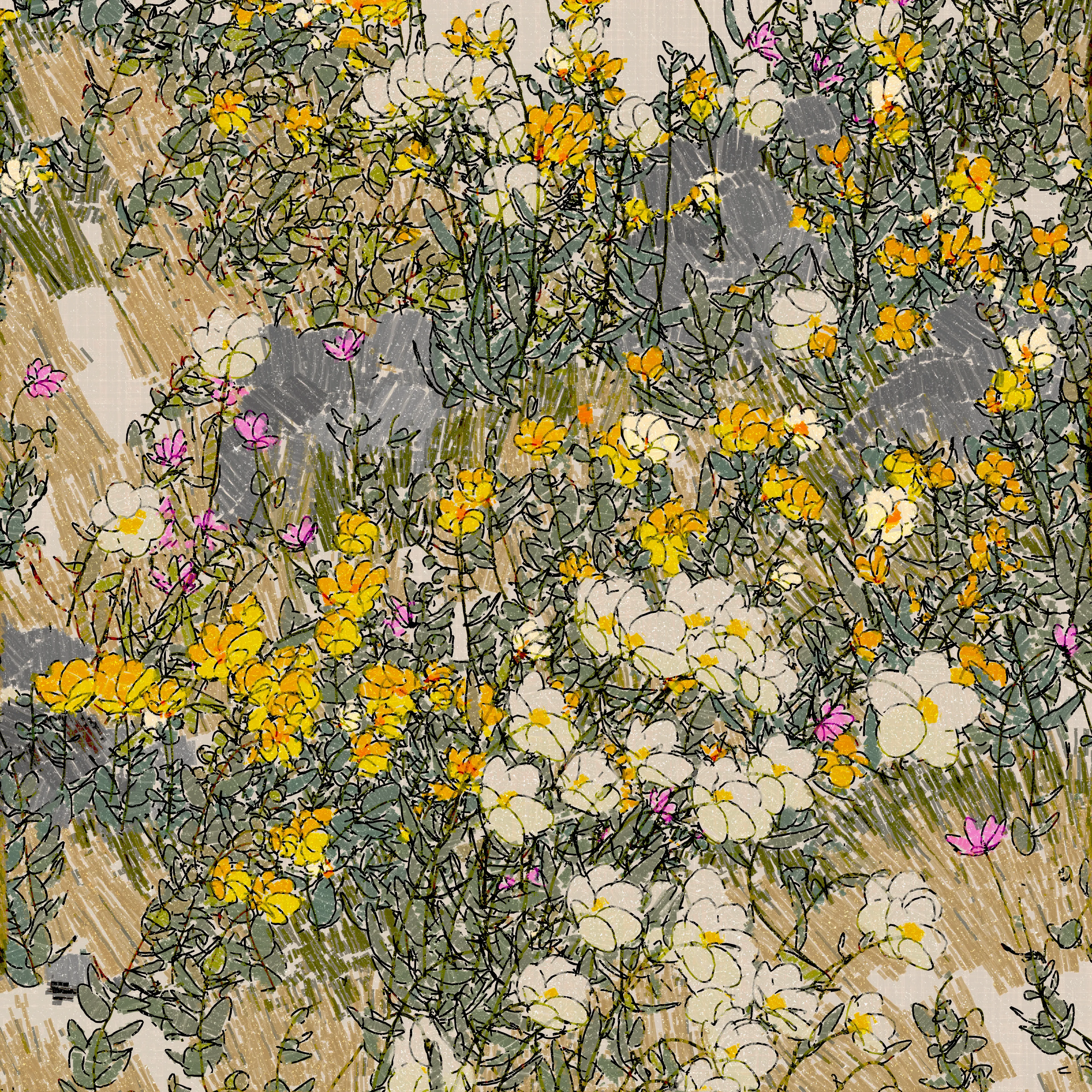 This work was inspired by road trips up and down the California coast last spring. We had an especially wet winter, and the blooms that followed were hard to ignore and hard to forget. From San Diego to Moss Beach, there were tree poppies, California poppies, bush poppies, lupines, cosmos, crown daisies, and Marguerite daisies. Many others too, but these are the ones that stood out to me.