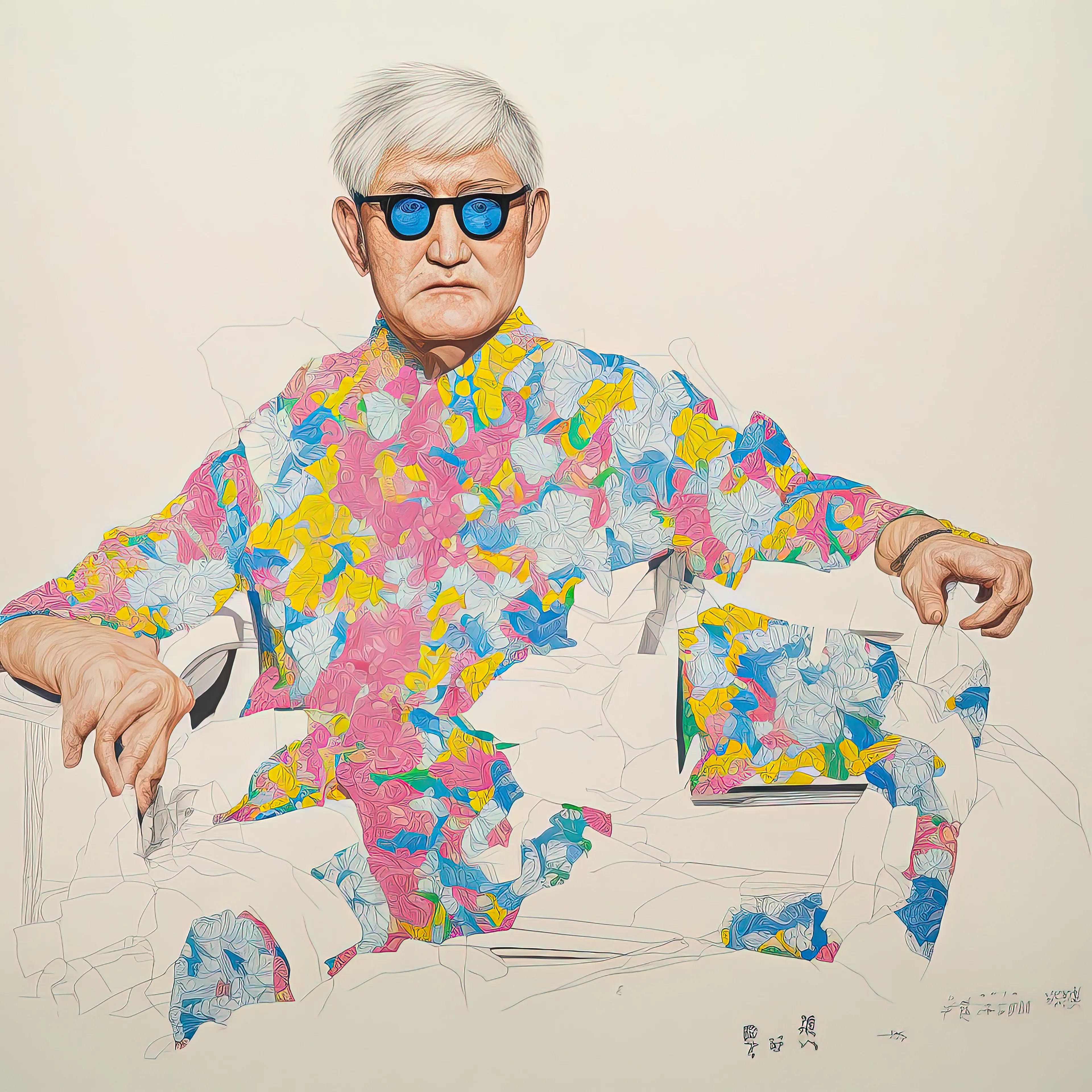 In a small Japanese village lived Ichiro, an elderly man known for his vibrant fashion. Yumi, a young artist, captured his spirit in an artwork titled "False Faces, Genuine Wisdom: The Power of Pretense" using AI. The piece showed Ichiro in bold clothing and blue sunglasses, with patterns reflecting his energy. The artwork inspired discussions on individuality and the value of seemingly fake things. It remains an iconic Japanese art piece, reminding people to appreciate overlooked beauty and wisdom.