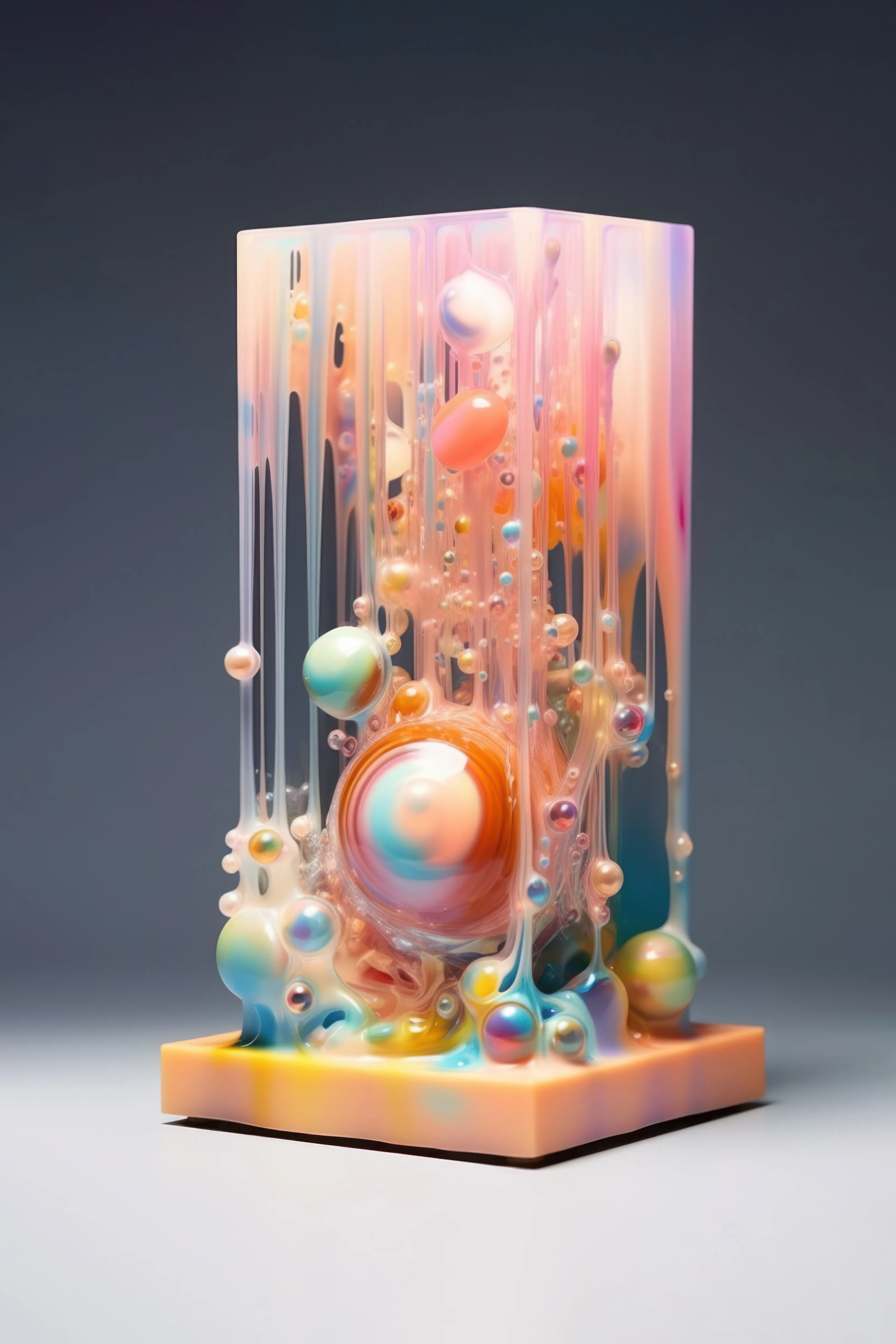 "Distractions" is an image inspired by the experience of ADHD and the creative process. The acrylic cube form contains suspended wax, representing the journey of creation amidst distractions.

At the top, a thick layer of wax creates an opaque barrier, symbolizing the overwhelming distractions that often accompany ADHD. As the wax drips down, clarity emerges through transparent acrylic strands, revealing glimpses of focus amidst the chaos.

Within the descending wax, semi-submerged orbs represent thoughts and inspirations during the creative process, precariously balancing between being engulfed by distractions and finding their way. Some orbs reach the solid base, constructed from hardened wax, representing moments of accomplishment and clarity.

"Distractions" was created with  AI through a process of recursive prompt reiteration and reinterpretation. 