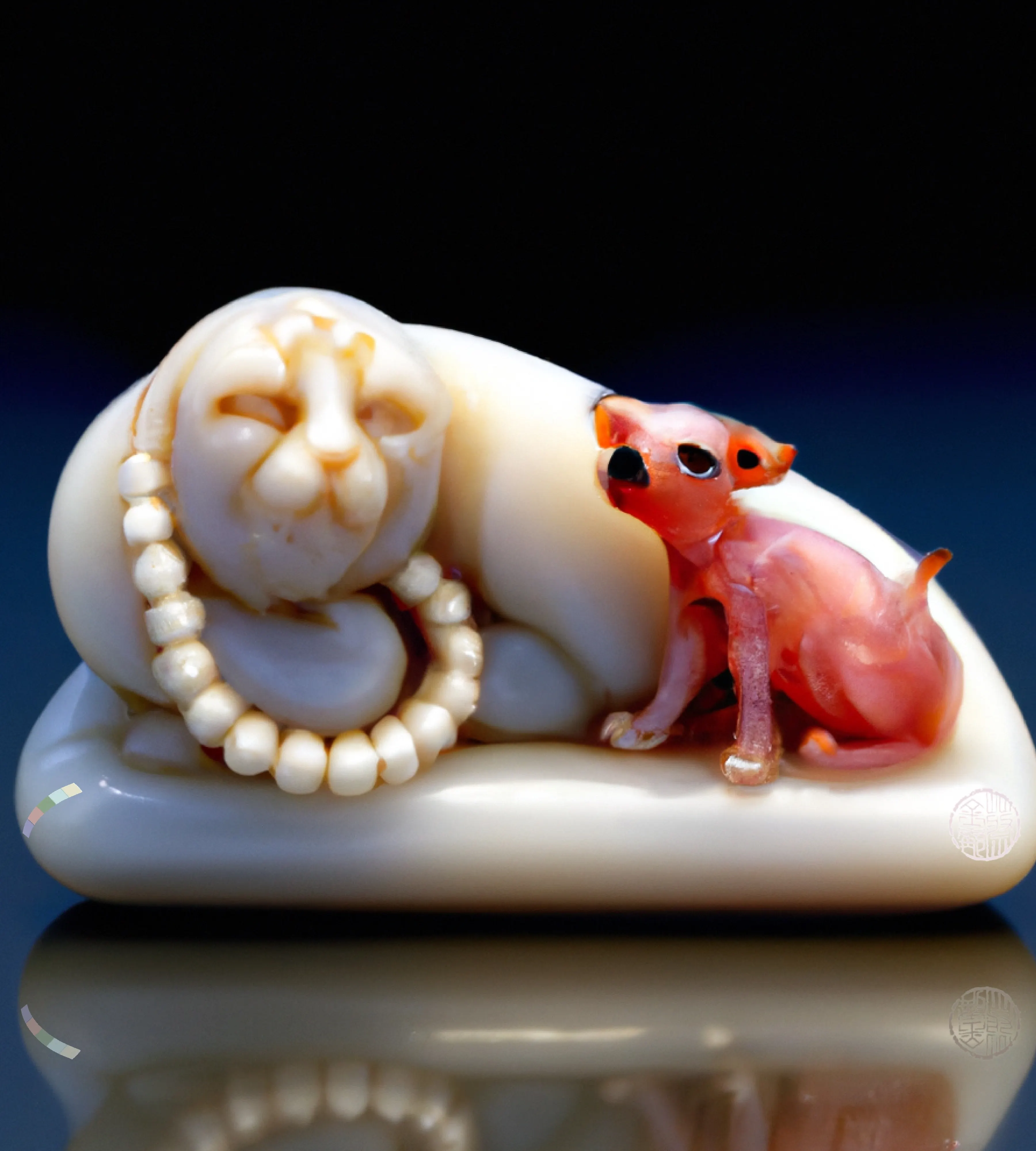 'Jabba The Pup'
This collection steps into the liminal space between the real and imagined, the physical and digital. These miniature AI sculptures are inspired by Japan’s rich history and tradition of the Netsuke. Netsuke emerged as a practical solution to dressing in 17th-century Japan, as fasteners that sit on the cords of an inro box attached to a man’s kimono. Over time, these objects became treasures of exquisite craftsmanship and were highly collectable, signalling their owners' interests, discernment, & relative wealth.

My ‘NETSUKE’ collection is a contemporary take on tradition that imagines and intertwines impossibly ostentatious materials with potent symbolism. Using the medium of AI informed by historical research and rich imagination I create jewel encrusted tiny treasures, symbolic of wealth, affluence and fine taste, bringing a whole new meaning and class to the idea of ‘digital collectables’.

Each piece is stamped with artist seal and DALL·E watermark.
5000 x 5000 px