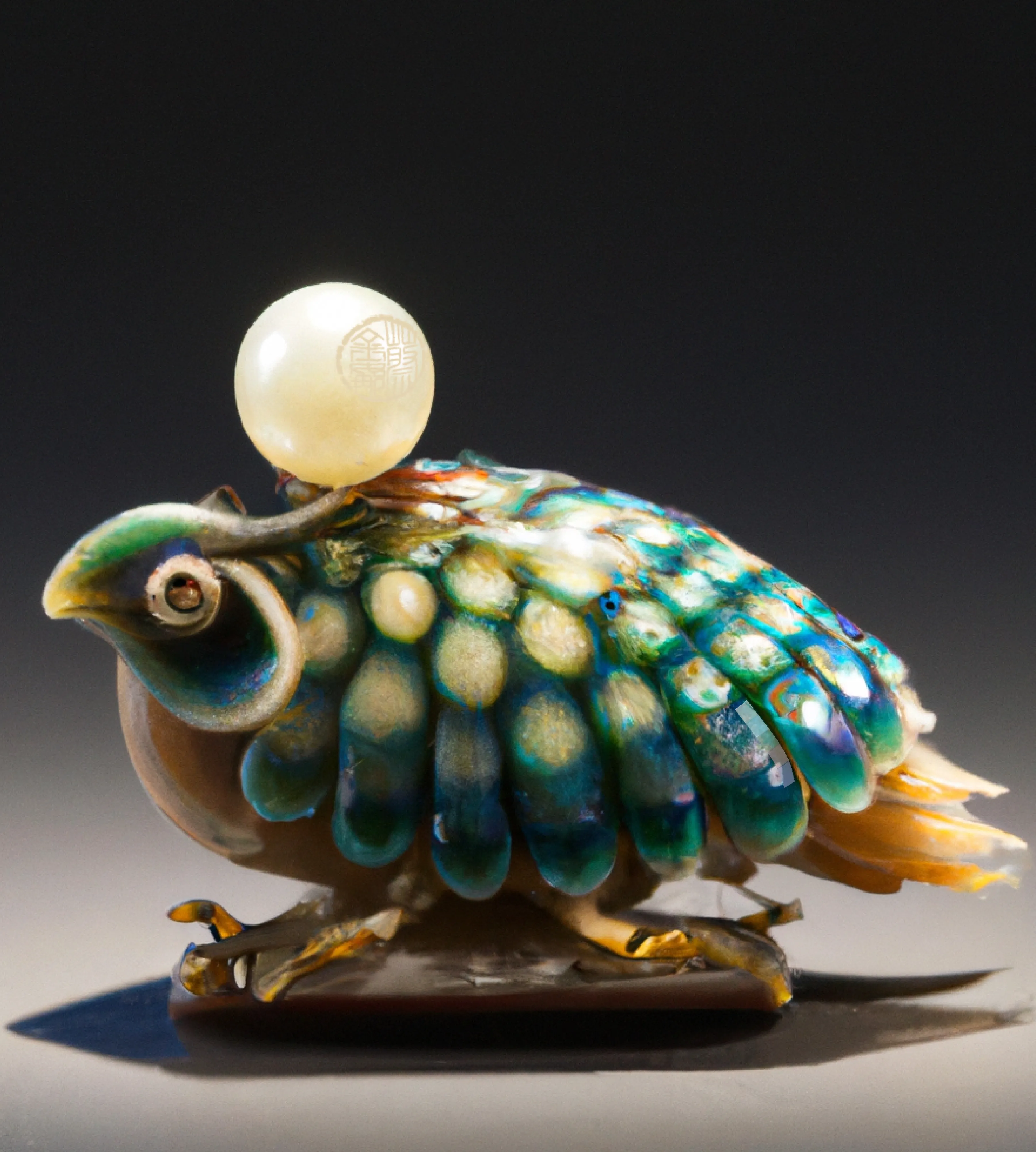 'Peacock Pearl'
This collection steps into the liminal space between the real and imagined, the physical and digital. These miniature AI sculptures are inspired by Japan’s rich history and tradition of the Netsuke. Netsuke emerged as a practical solution to dressing in 17th-century Japan, as fasteners that sit on the cords of an inro box attached to a man’s kimono. Over time, these objects became treasures of exquisite craftsmanship and were highly collectable, signalling their owners' interests, discernment, & relative wealth.

My ‘NETSUKE’ collection is a contemporary take on tradition that imagines and intertwines impossibly ostentatious materials with potent symbolism. Using the medium of AI informed by historical research and rich imagination I create jewel encrusted tiny treasures, symbolic of wealth, affluence and fine taste, bringing a whole new meaning and class to the idea of ‘digital collectables’. 

Each piece is stamped with artist seal and DALL·E watermark.
5000 x 5000 px