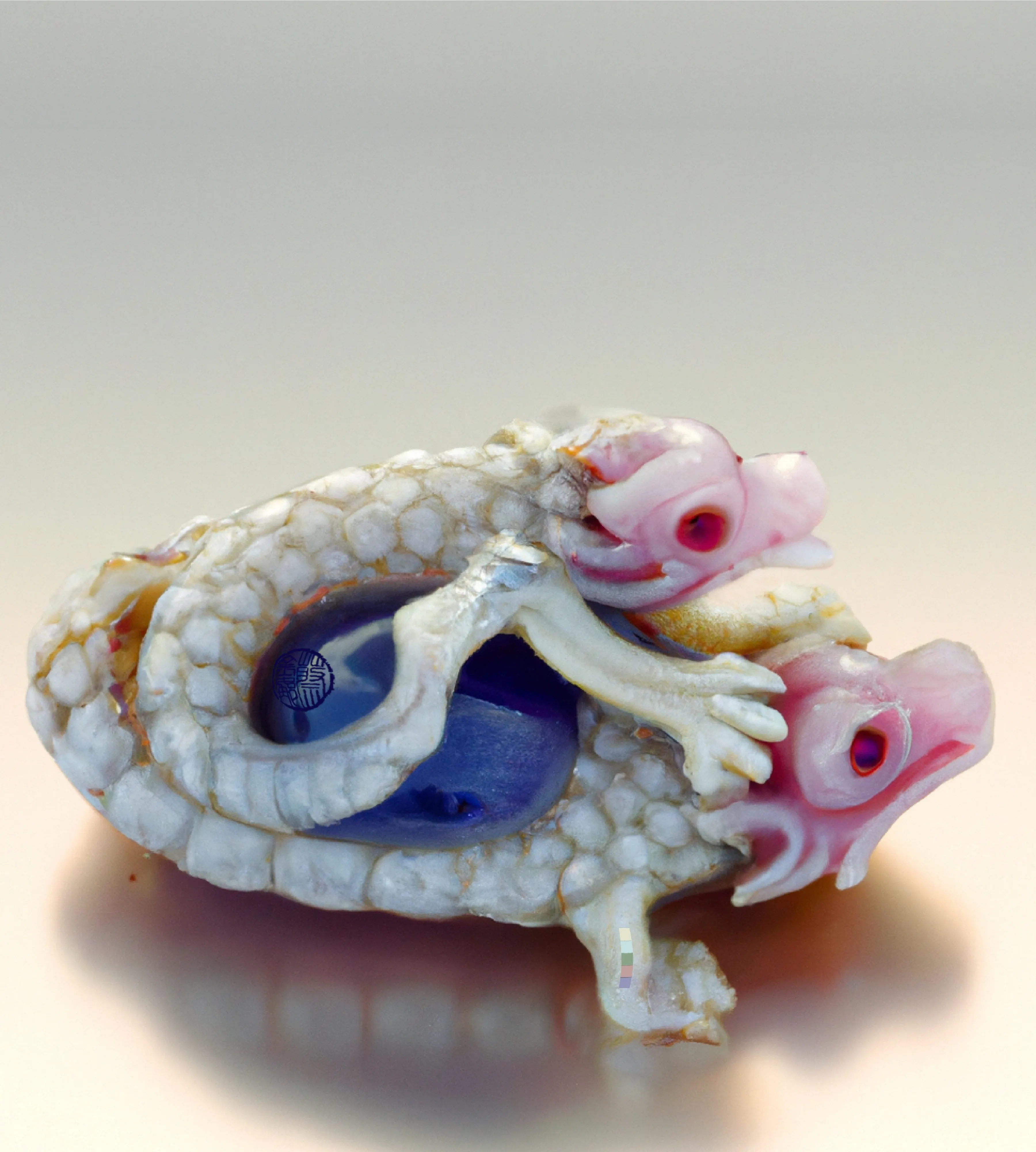 'Piggy Back'
This collection steps into the liminal space between the real and imagined, the physical and digital. These miniature AI sculptures are inspired by Japan’s rich history and tradition of the Netsuke. Netsuke emerged as a practical solution to dressing in 17th-century Japan, as fasteners that sit on the cords of an inro box attached to a man’s kimono. Over time, these objects became treasures of exquisite craftsmanship and were highly collectable, signalling their owners' interests, discernment, & relative wealth.

My ‘NETSUKE’ collection is a contemporary take on tradition that imagines and intertwines impossibly ostentatious materials with potent symbolism. Using the medium of AI informed by historical research and rich imagination I create jewel encrusted tiny treasures, symbolic of wealth, affluence and fine taste, bringing a whole new meaning and class to the idea of ‘digital collectables’.

Each piece is stamped with artist seal and DALL·E watermark.
5000 x 5000 px