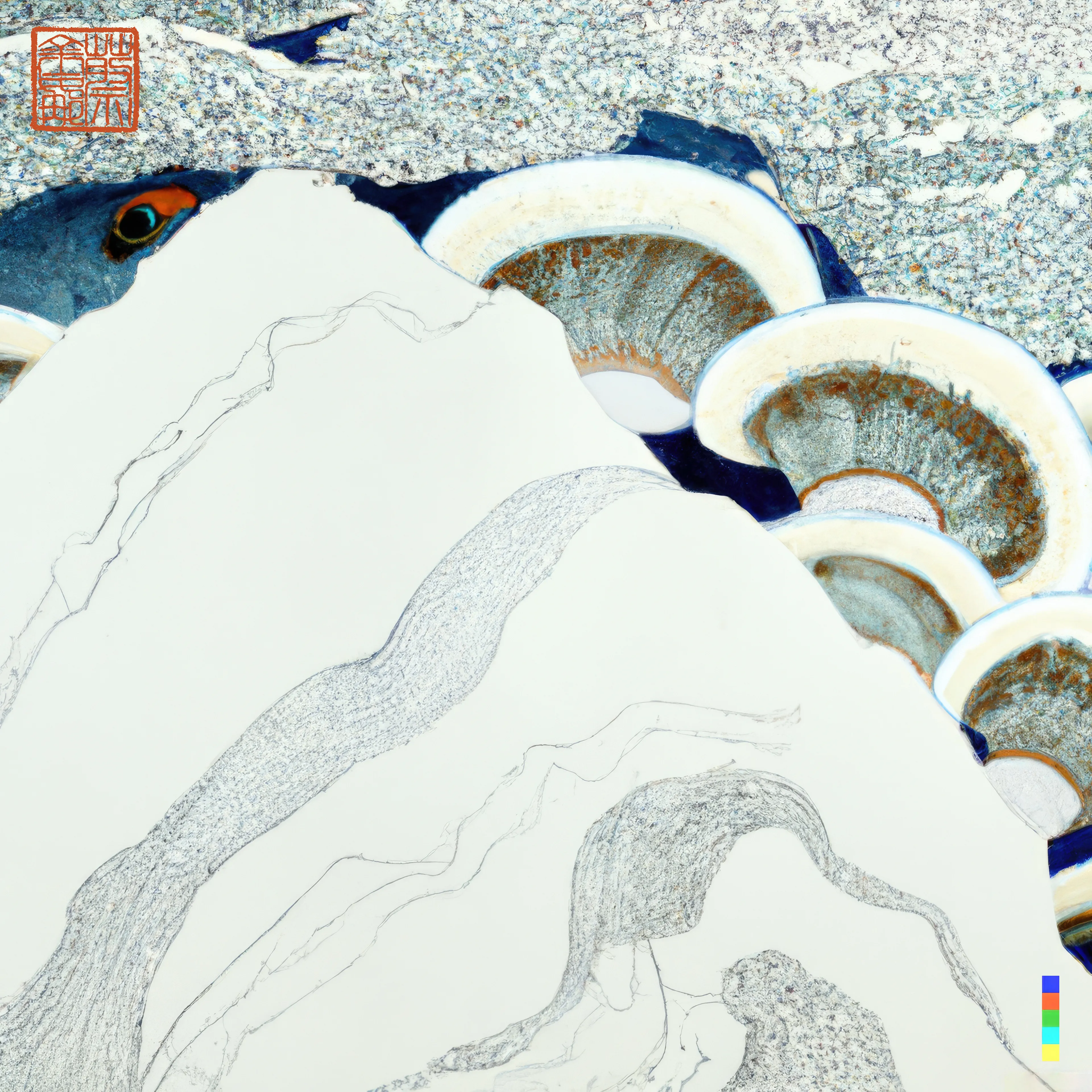 I grew up on the Great Barrier Reef wandering in rock pools, collecting shells on island beaches and diving in a crystal clear ocean alive with underwater gardens. Inspired by these coral microcosms, this collection reflects the indelible mark making of traditional Chinese painting. Created in collaboration with AI using purely textual prompts formed through a process of deconstructing and recontextualising an ancient Chinese instructional text on painting intertwined with a poetry of personal somatic and visual memory.