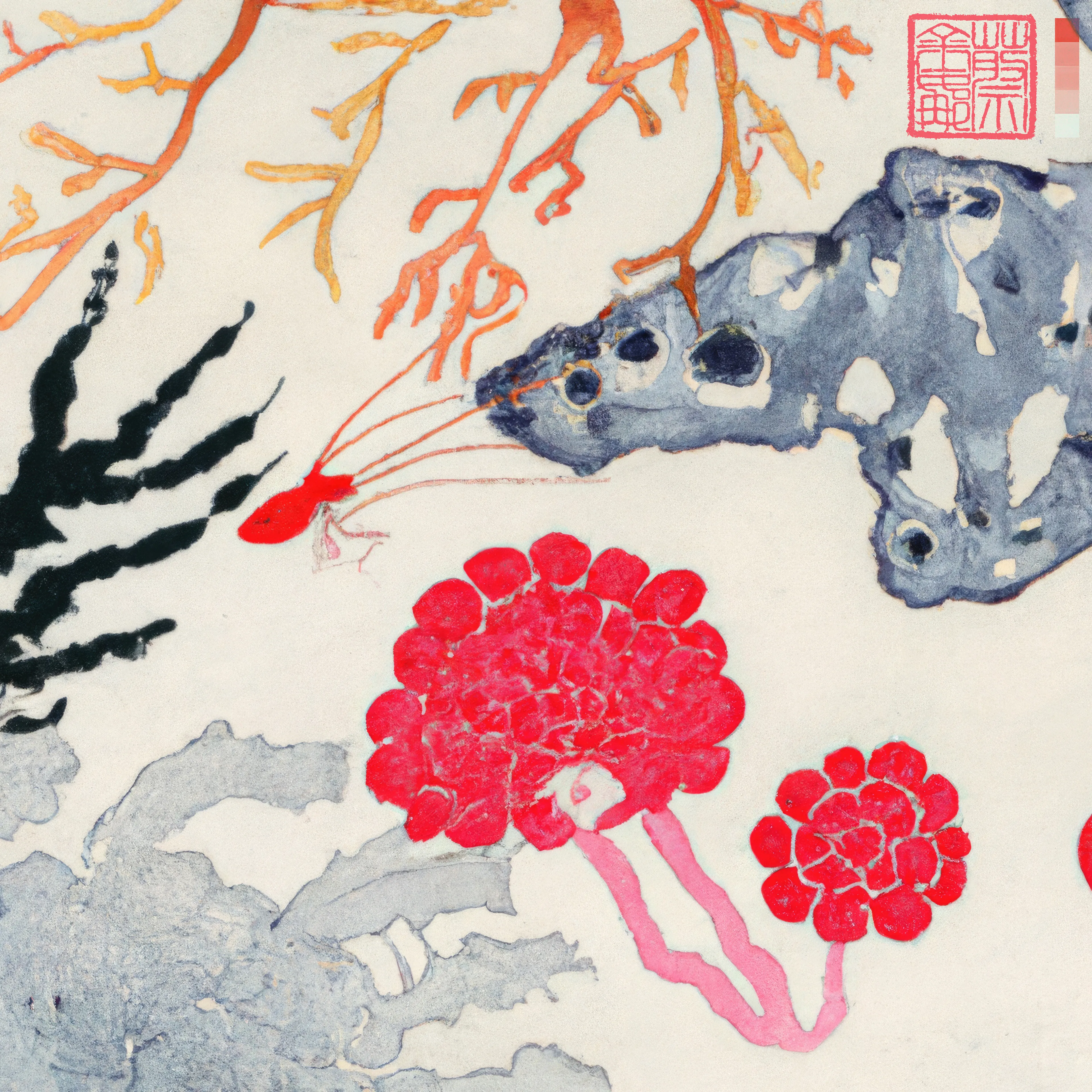 I grew up on the Great Barrier Reef wandering in rock pools, collecting shells on island beaches and diving in a crystal clear ocean alive with underwater gardens. Inspired by these coral microcosms, this collection reflects the indelible mark making of traditional Chinese painting. Created in collaboration with AI using purely textual prompts formed through a process of deconstructing and recontextualising an ancient Chinese instructional text on painting intertwined with a poetry of personal somatic and visual memory.