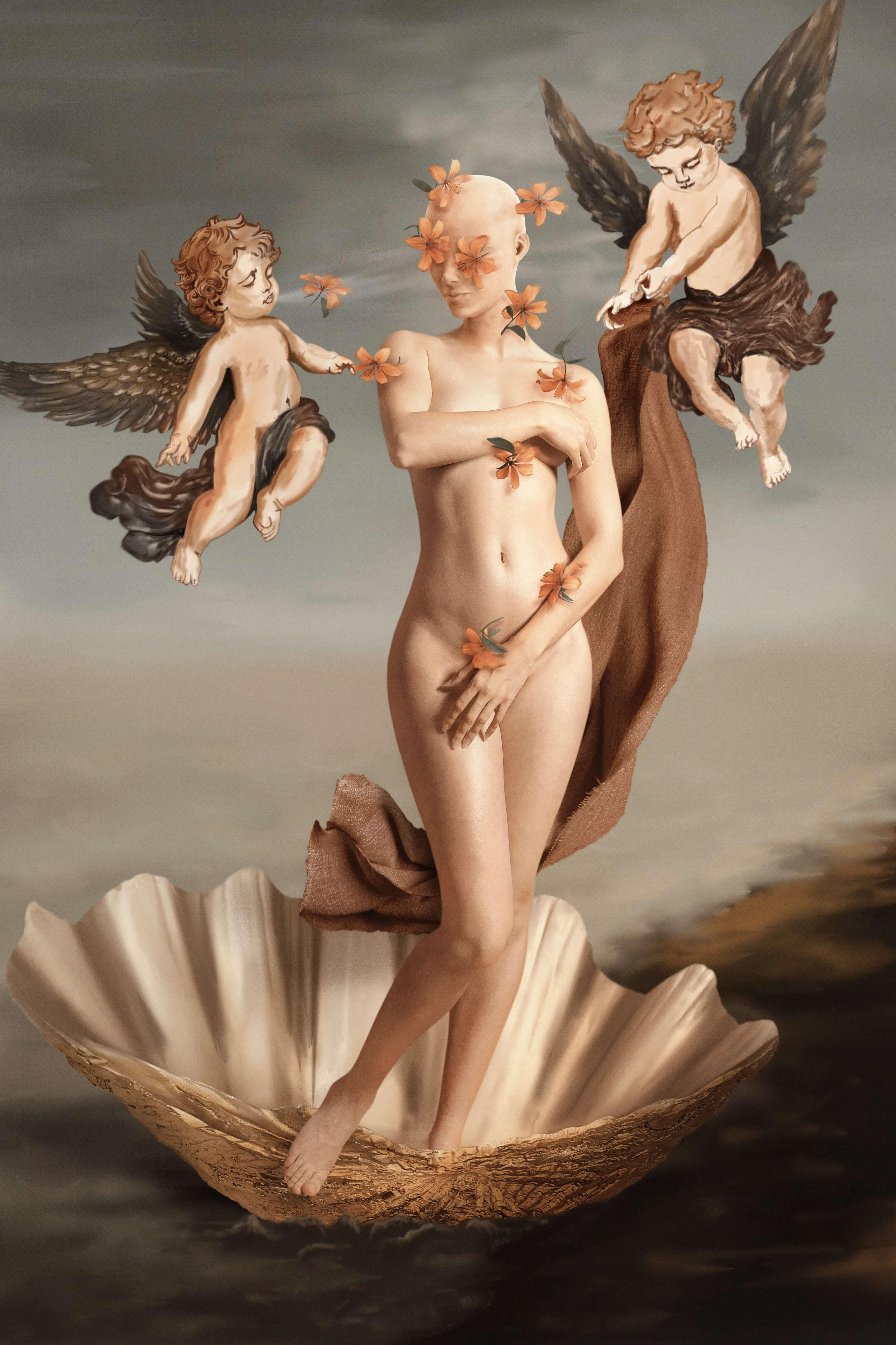 photography fine art inspired by 'The birth of Venus', digitally drawn and photo manipulated