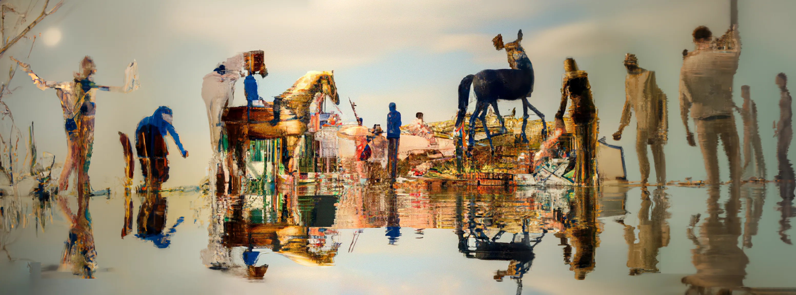 [Infinite Images ∞](https://daily.xyz/exhibition/10062) The only artworks created with DALLE-1 by OpenAI.

“In 2021 we were invited by OpenAI to work with the DALL-E 1 research model as part of a commission. “Infinite Images” are the product of these experiments, large images meticulously constructed piece by piece to explore the models capacity for coherence.

This context hints at why themes of reflection in water and glass, horizon lines and mountain ranges appear so frequently, as the works were constructed by playing an exquisite corpse game with the model. A single initial generation could now be infinitely expanded upon in any direction. To our knowledge these are the only artworks produced with the original DALL-E model. They represent a transitional phase from the more abstract generations of the models that preceded it, and the high fidelity models we are used to today.”
Holly Herndon and Mat Dryhurst

The total collection size is 682 artworks, broken down into the following categories:

*Genesis Sets* These were the initial 'genesis' artworks created by Holly and Mat when they first accessed the model in 2021. The outputs were small, 256-pixel squares, presented in a grid format. Genesis sets are sold in groups of 9 individually minted artworks, each carefully curated by Alejandro Cartagena in collaboration with the artists. There are a total of 15 genesis sets, comprising 135 artworks. Prints, 20 x 20cm (*9), are also available to the NFT holder at cost.

*Medium Artworks* These artworks were created a few weeks after the Genesis Sets, following OpenAI's development of a prompting interface that produced larger samples, each 1024 pixels per square. In total, there are 500 medium-sized artworks. Prints, 50 x 50cm, are also available to the NFT holder at cost. 

*Special Formats*
These are higher-resolution artworks created once OpenAI developed a painting tool that allowed compositions to be ‘stamped' and 'stitched' together. In total, there are 47 Special Format artworks: 
- 5 panel murals (6 artworks, prints approx. 180 x 500cm) 
- 4 panel murals (8 artworks, prints approx. 180 x 400cm) 
- 3 panel murals (10 artworks, prints approx. 180 x 300cm) 
- XL collages (10 artworks, prints 200cm on longest side)
- L collages (13 artworks, prints 125cm on longest side)