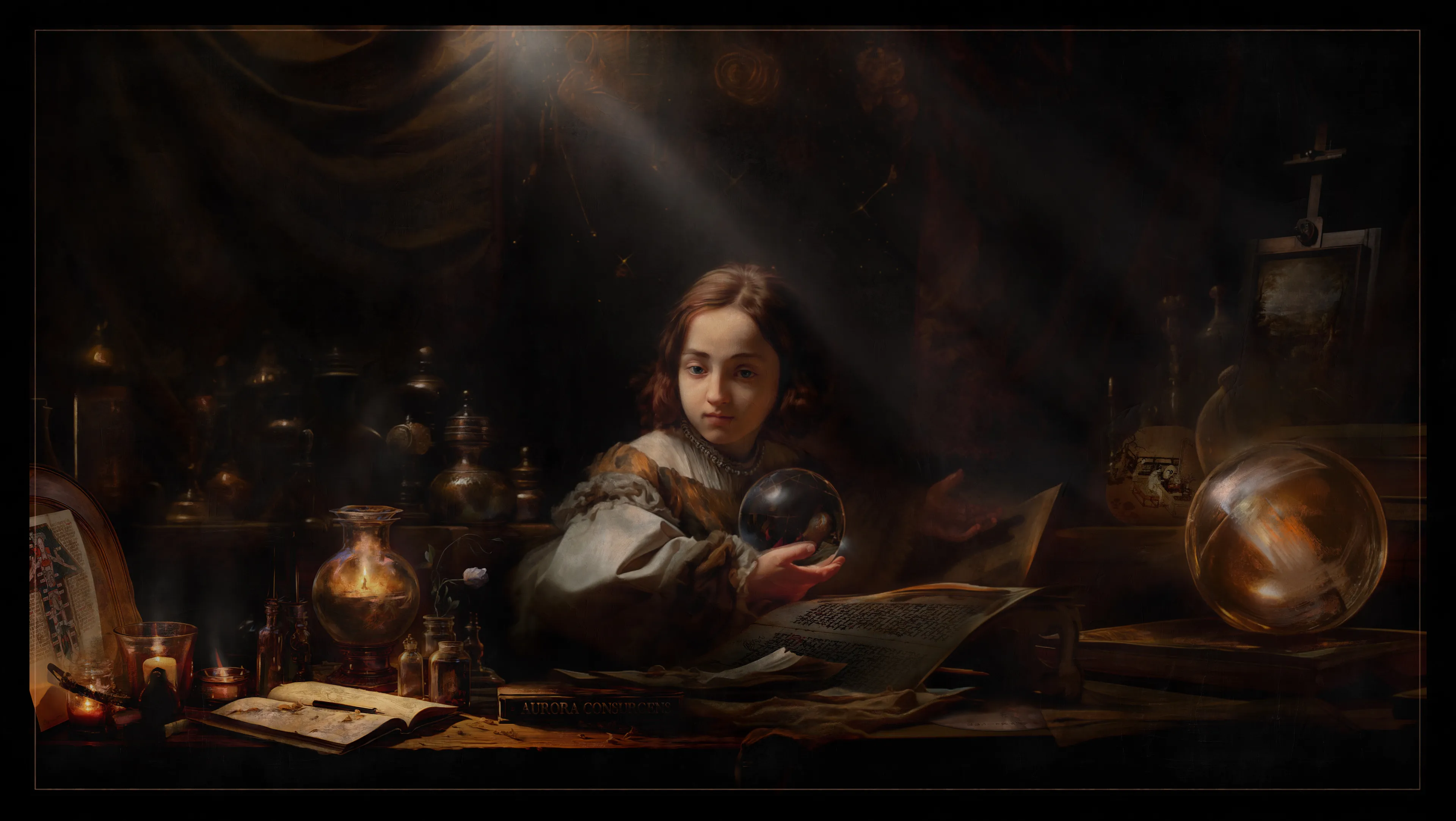A finalist of KHM Vienna and Tokapi open call, this AI-collaborative portrait is a personal and symbolical interpretation of the famous “Self-Portrait in a Convex Mirror” by Girolamo Francesco Maria Mazzola, aka Parmigianino. My extensive research about his dramatic life and Renaissance art, as well as some speculative ideas, are meticulously encrypted across this digital canvas.

Oil paint became popular in Renaissance and new techniques redefined realism in painting. Interestingly, it was thanks to Jan van Eyck — creator of another famous convex mirror. Parmigianino took it step further, using curved wooden panel imitating a mirror.

A few techniques characteristic for Renaissance are chiaroscuro (contrast bringing sense of depth), sfumato (soft transitions), perspective and forthshortening. All of them can be found on this portrait.

Parmigianino was obsessed with alchemy, which most likely led to his demise. A dark study lit only by a few candles, filled with unknown utensils, almanacs and spheres, resemble an alchemist’s lab, not a painter’s studio. Next to Parmigianino’s elbow is a rose, an alchemic symbol for the final stage of material transformation (also present in his “Madonna della Rosa”). Visible on the artwork are alchemical manuscripts: “Aurora consurgens” (mid-bottom), folding almanac MS9832 (left corner) and MS446 (mid-right). All were available and studied in artist’s times.

As the Asian landscape painting had some influence on Renaissance art, so we find on this canvas an inspiration for a mirror coming from Chinese art. Parmigianino’s hands both point us to an ancient Song dynasty fan painting by Su Hanchen 蘇漢臣, playfully using a mirror as the artwork’s crucial element. 

Parmigianino was a drawing geek and one of the first painters to engage in etching and engraving, thus an open sketchbook with his drawings, as well as a needle surrounded by wood shavings (bottom-left).

Easel in the back-right shows an unknown landscape of Parmigianino - a symbol for his paintings that were lost over the ages. For those who know the way artist requested to be buried like, the top of this easel becomes quite suggestive.

Finally, a beam of light, falling on the innocent figure of a mad alchemist, metaphorically vanishing into the darkness of his studio. This was best commented by Giorgio Vasari:

„Oh, if only the Lord wished him to continue to paint, and not get carried away with the dream of freezing mercury, for the sake of acquiring riches greater than what nature and the sky have endowed him with! Indeed, in this case, he would become truly unique and incomparable in painting. Whereas he lost time seeking for something he could never find, he disgraced his art and ruined his life and glory.”