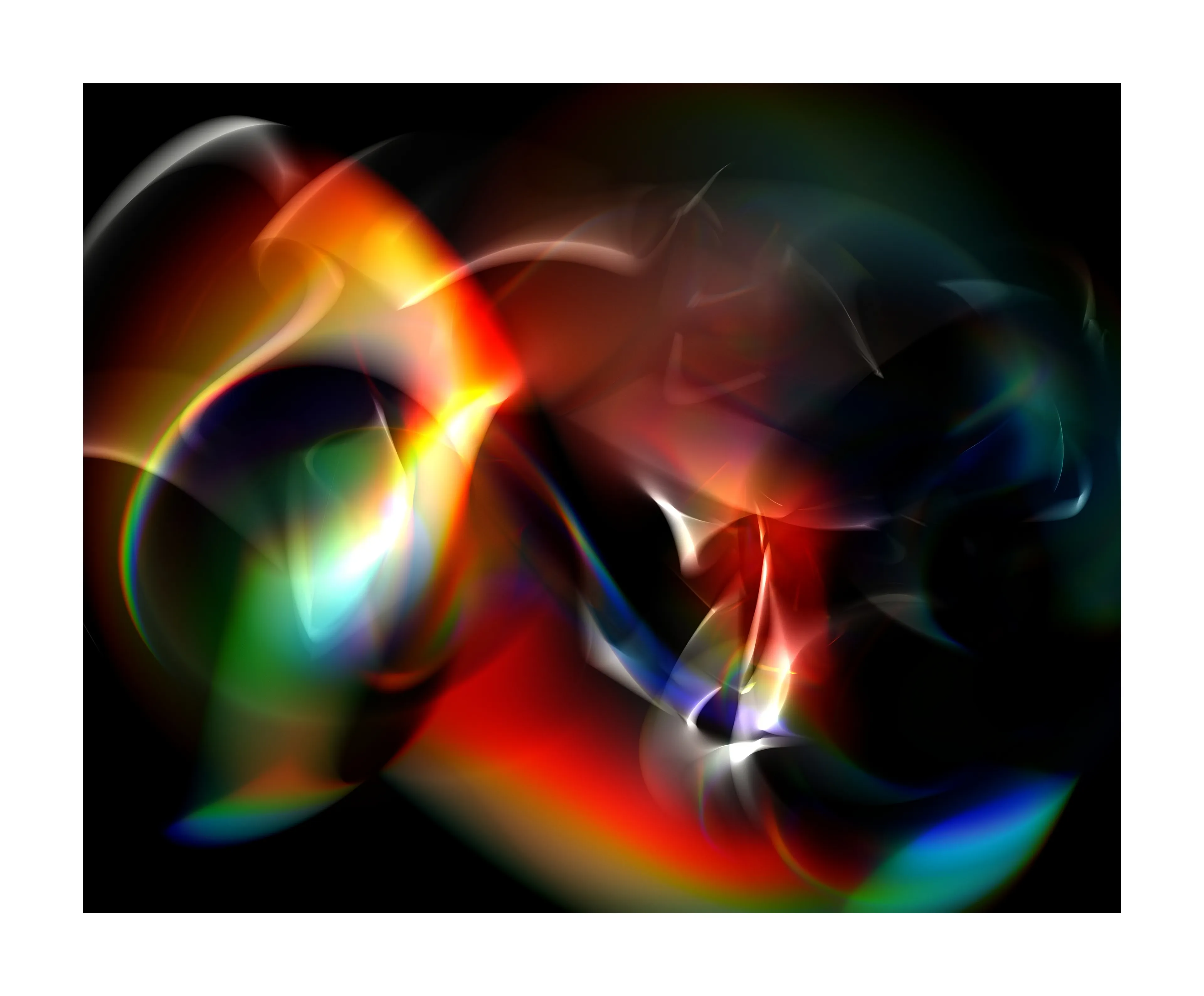 An exploration of light, grounded in physical reality, but reinterpreted through code. Each scene is set with only a handful of spheres in motion, some refracting, and the rest emitting computer-simulated rays of light. Billions of these rays are cast through the scene, each with their own wavelength and phase determining their complete trajectory and final color contribution to the image. This detailed and physically-based approach to rendering allows the program to produce images that are simultaneously rooted in reality, but also transcend it by bending rules and allowing for observations in a way only possible through simulation.

These experiments lie at the intersection of art, technology, and science, and they are born from my own sense of wonder and awe with the medium of computer artwork. They represent a study of motion, light, and simple geometric forms, which through simulation challenge the relationship between the physical and the digital.

JavaScript and GLSL  
PNG 5800x4800px