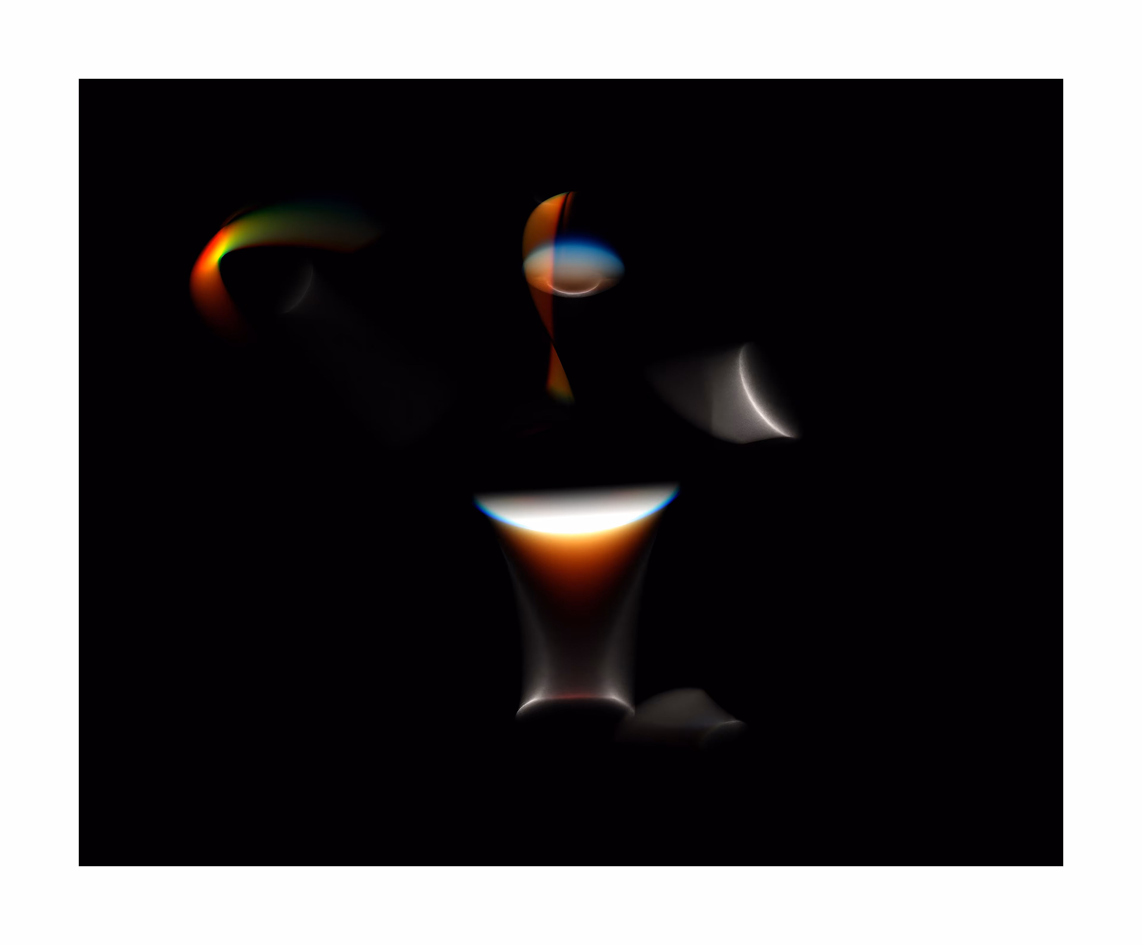 An exploration of light, grounded in physical reality, but reinterpreted through code. Each scene is set with only a handful of spheres in motion, some refracting, and the rest emitting computer-simulated rays of light. Billions of these rays are cast through the scene, each with their own wavelength and phase determining their complete trajectory and final color contribution to the image. This detailed and physically-based approach to rendering allows the program to produce images that are simultaneously rooted in reality, but also transcend it by bending rules and allowing for observations in a way only possible through simulation.

These experiments lie at the intersection of art, technology, and science, and they are born from my own sense of wonder and awe with the medium of computer artwork. They represent a study of motion, light, and simple geometric forms, which through simulation challenge the relationship between the physical and the digital.

JavaScript and GLSL  
PNG 5800x4800px