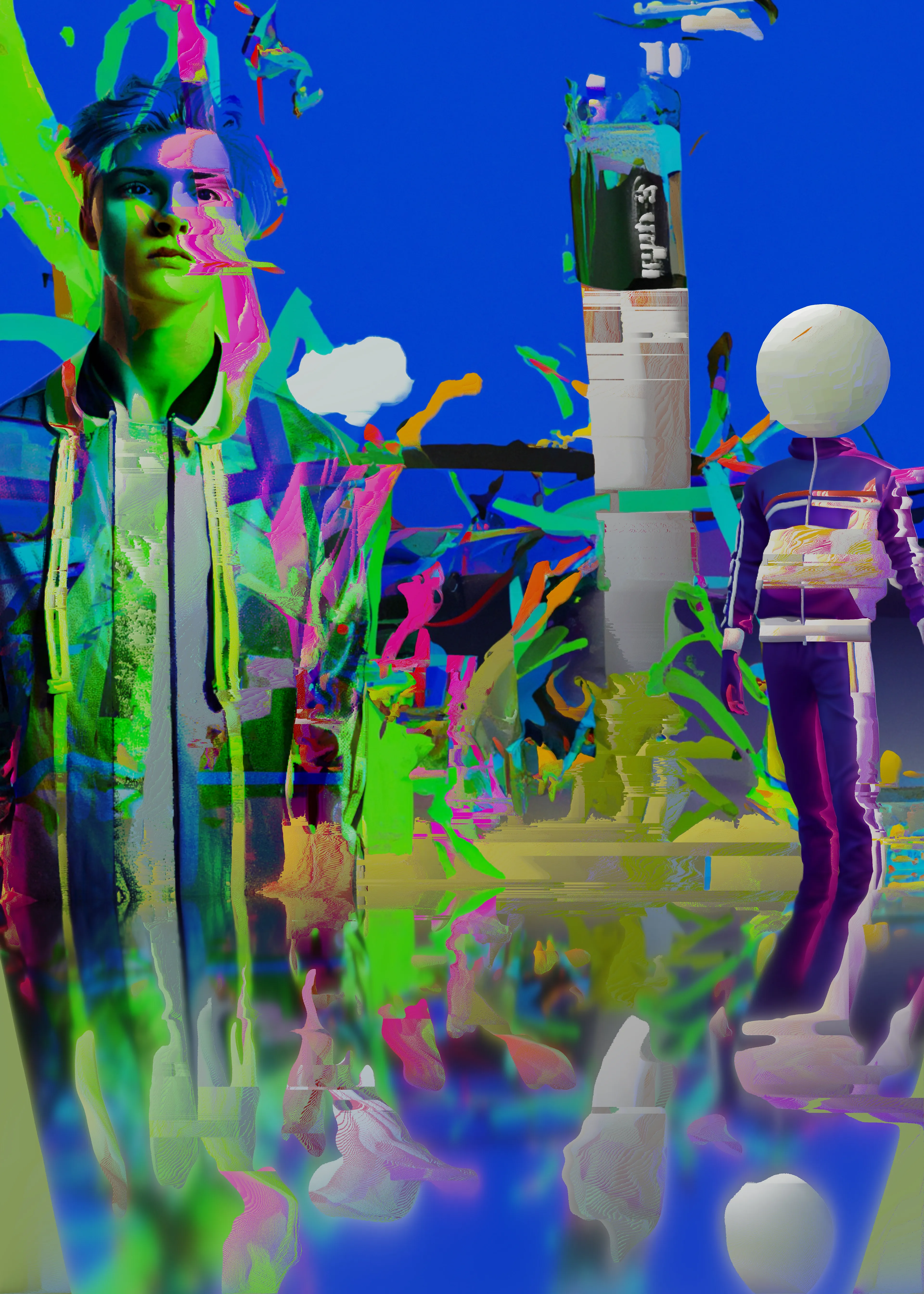 Experimentations with AI, Glitch, VR and Blender.  

Homemade Blender scapes are fed into DALL E 2 and the characters are created with Stable Diffusion. Collaged in a photo editor, taken into Blender to add 3d assets hand sculpted in Virtual Reality. Rendered and then pixel sorted. 

Using an array of tools to portray my dreams, moods, and fantasies. 