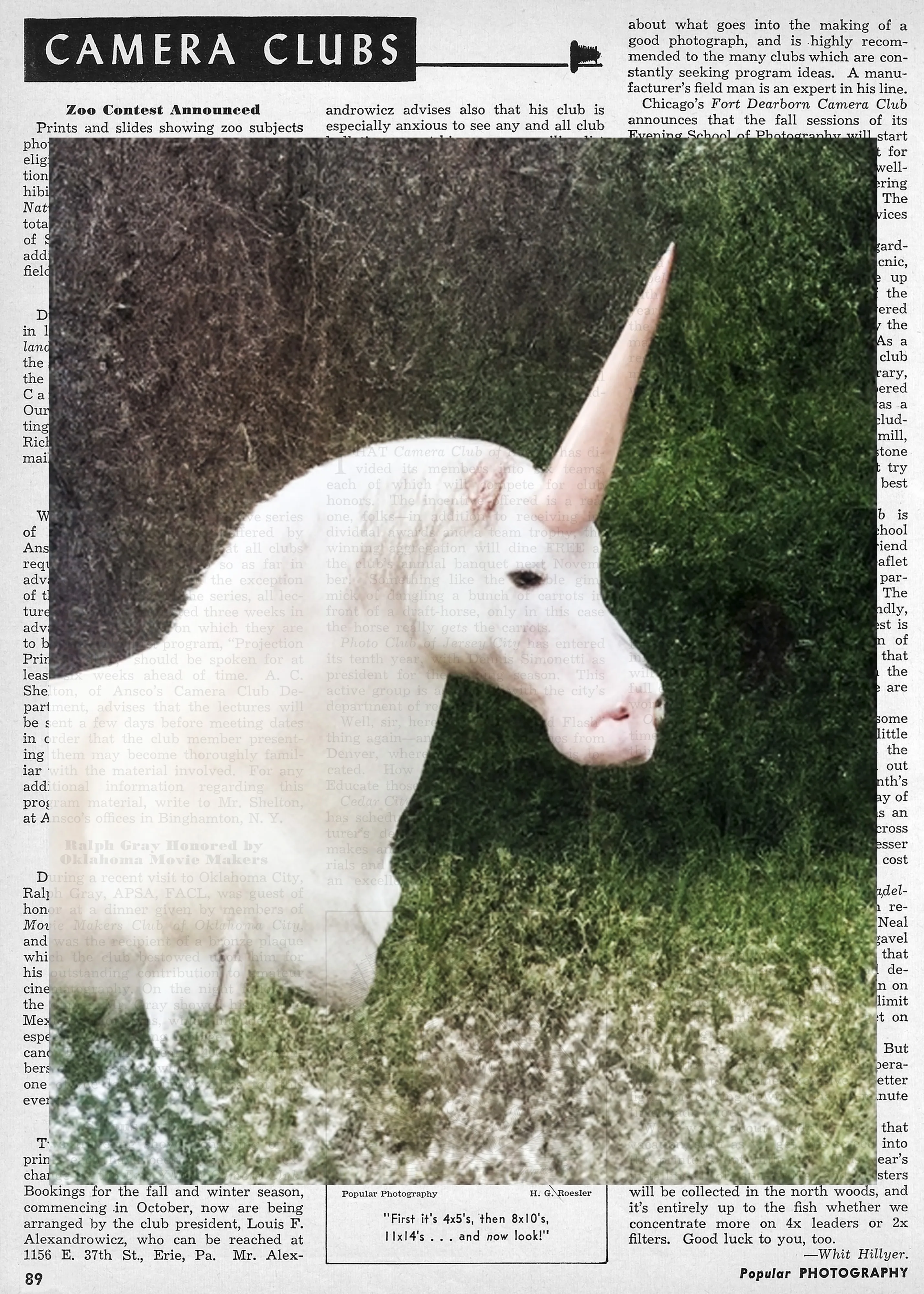 49/23 is digital collage series that blends AI-generated images over vintage photography magazine pages, building a conceptual bridge between the past and future of the medium while exploring the disruptions posed by AI toward photographic tradition.