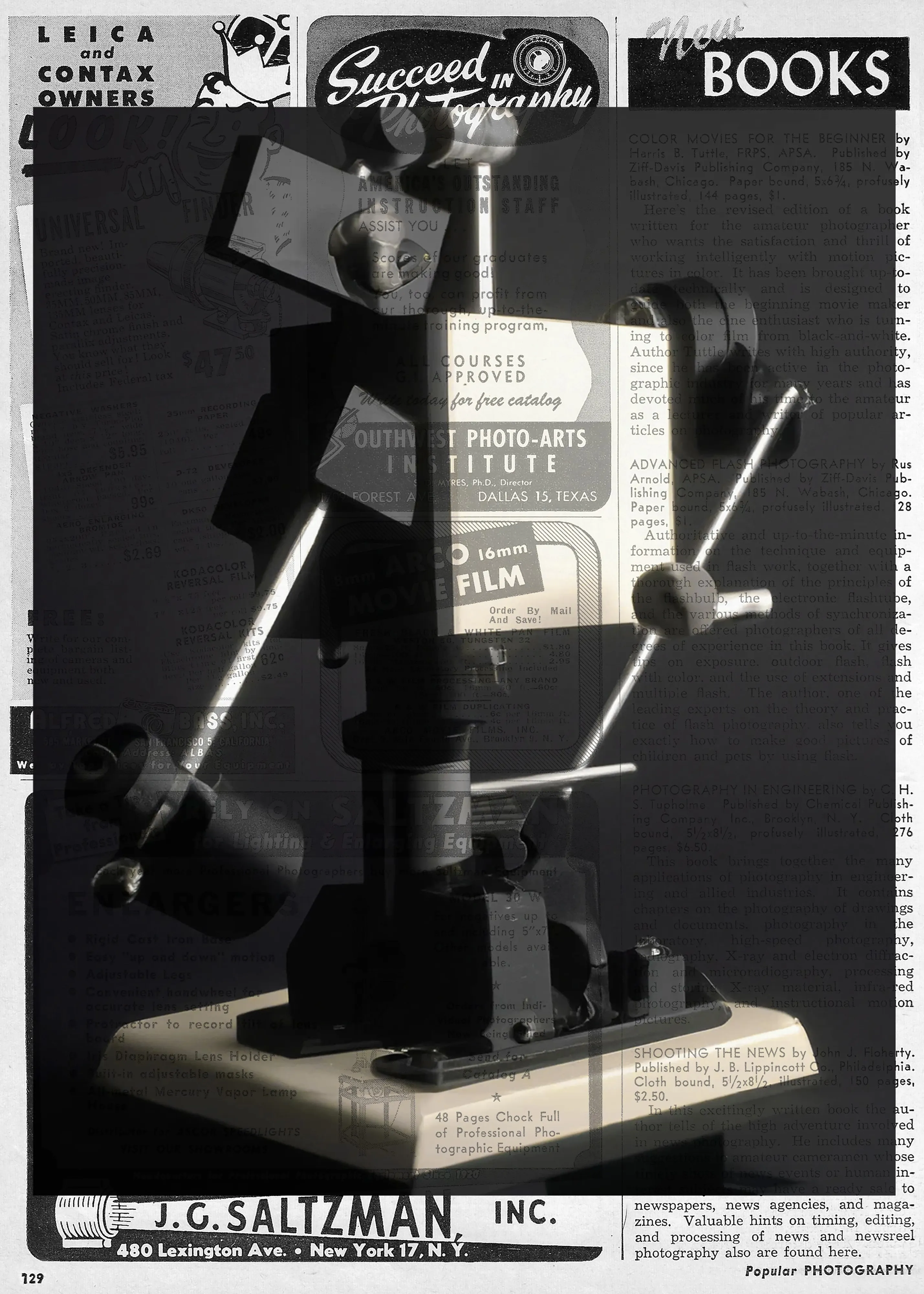 49/23 is digital collage series that blends AI-generated images over vintage photography magazine pages, building a conceptual bridge between the past and future of the medium while exploring the disruptions posed by AI toward photographic tradition.
