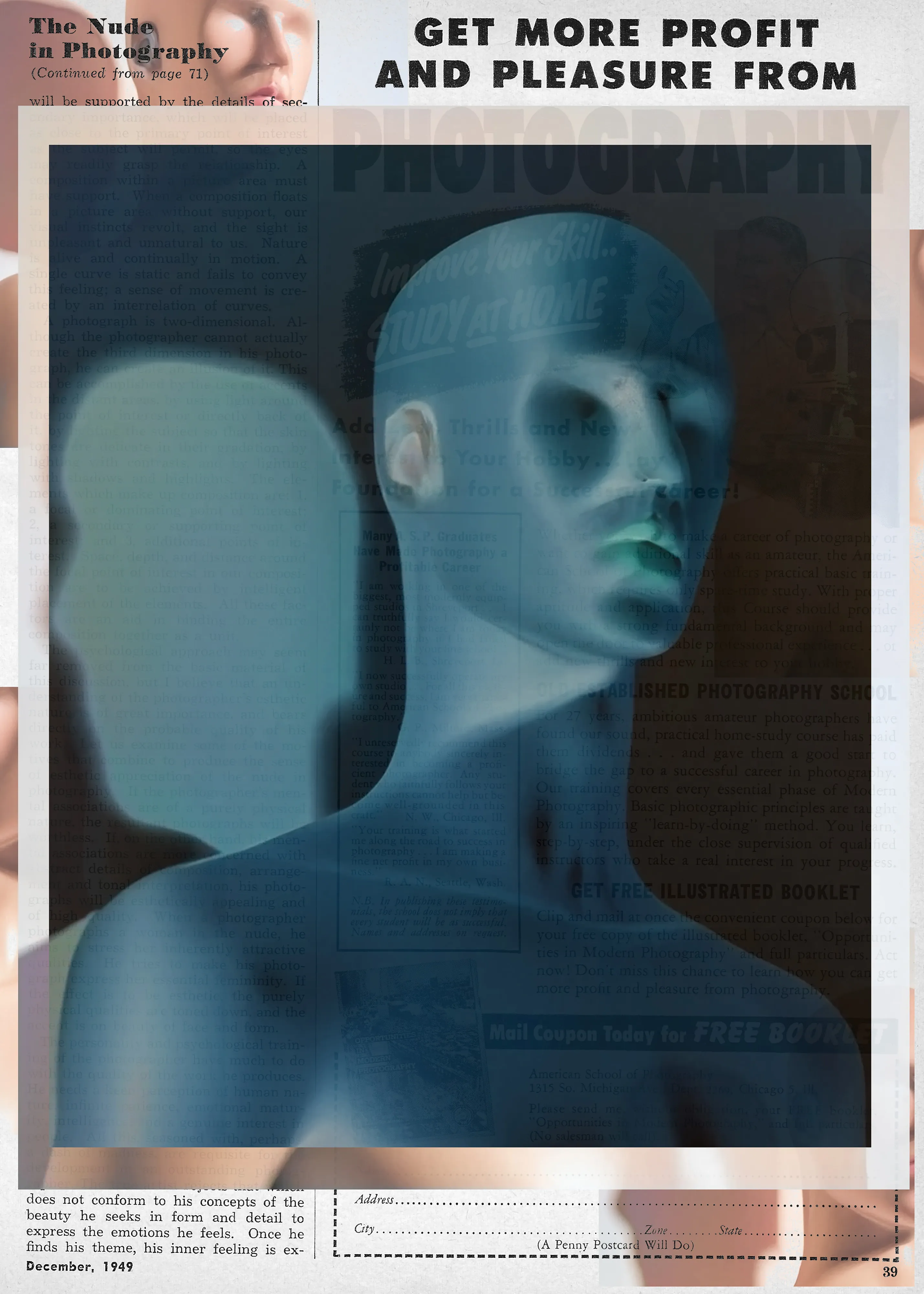 49/23 is digital collage series that blends AI-generated images over vintage photography magazine pages, building a conceptual bridge between the past and future of the medium while exploring the disruptions posed by AI toward photographic tradition.
