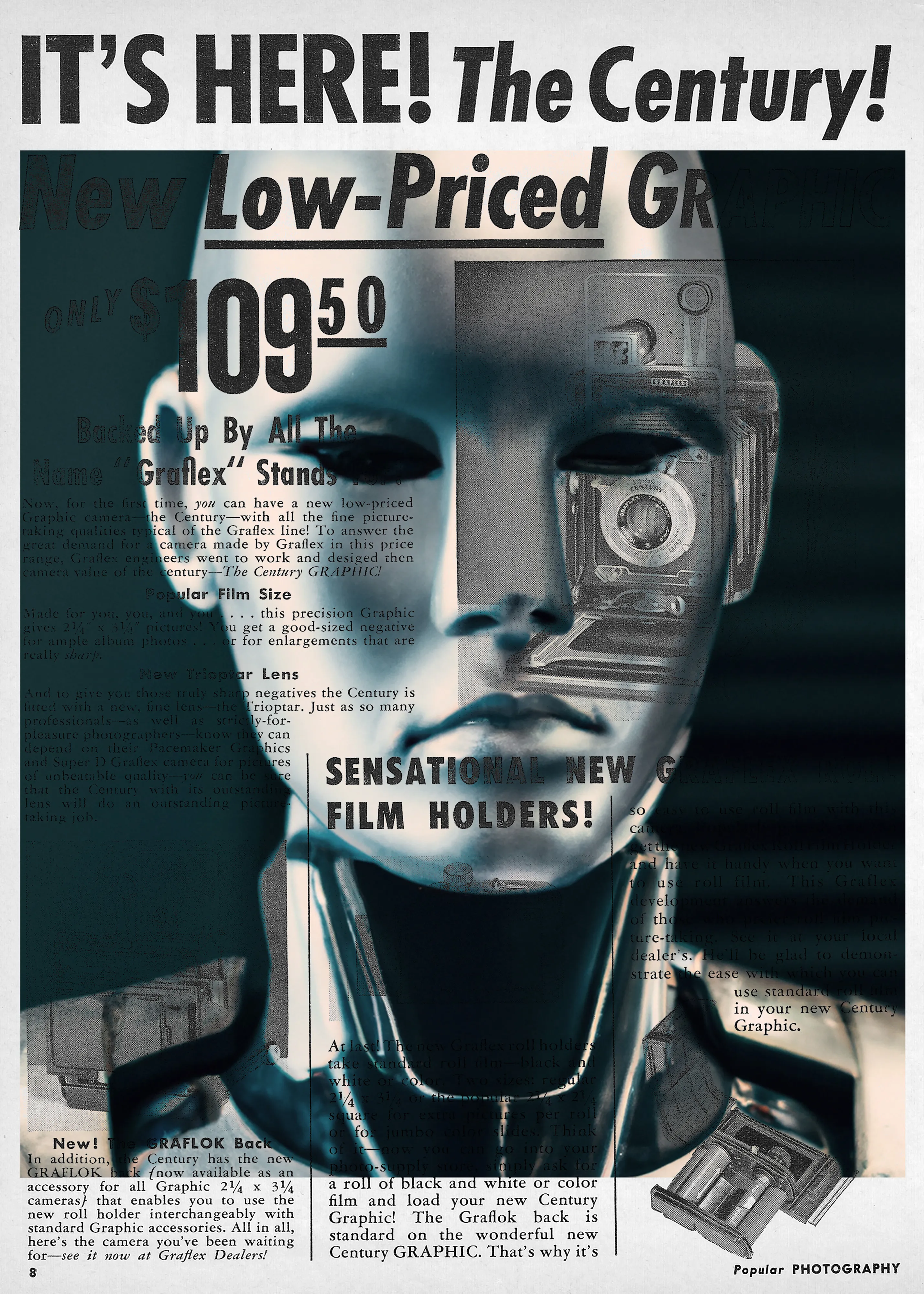 49/23 is digital collage series that blends AI-generated images over vintage photography magazine pages, building a conceptual bridge between the past and future of the medium while exploring the disruptions posed by AI toward photographic tradition.