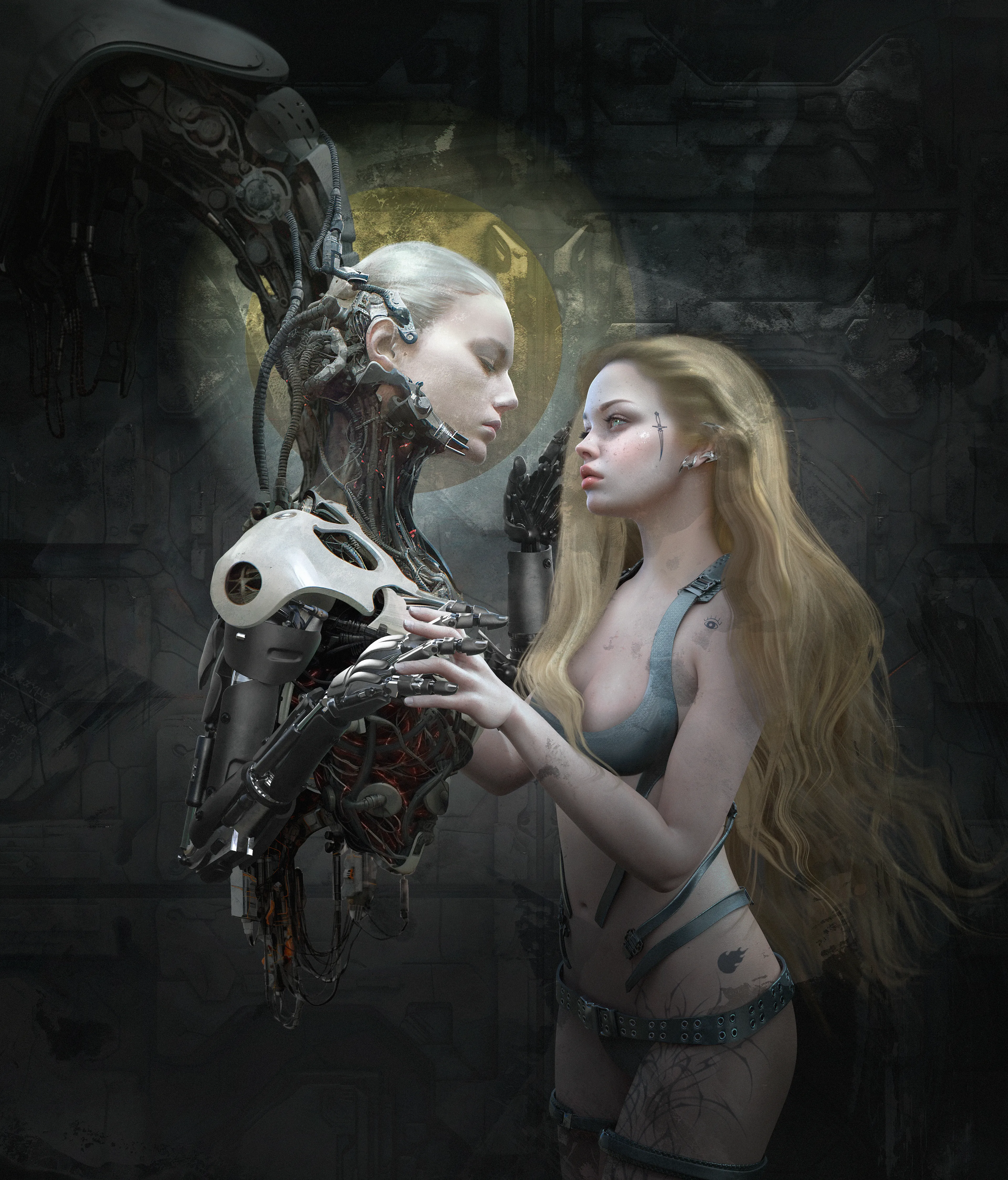 In my artwork, I embark on an exploration of the profound connection between humans and machines. I delve into intriguing questions, such as whether a robot can become a beacon of hope for us and if humans can genuinely develop affection for these mechanical creations. Moreover, the most intriguing aspect is whether machines themselves can reciprocate and express love for us in return.

Beyond the boundaries of science and technology, these reflections also lead us to contemplate the divine aspect of creating an intelligent being – one that may possess the capacity to hope, pray, and believe in a higher power. This philosophical dimension adds depth to the themes explored in my artistic journey, encouraging the audience to ponder the intricate relationship between humanity and technology, and the awe-inspiring potential that lies within such connections.

Embodying Divine Qualities in Artificial Beings  
In the realm of science fiction and technological innovation, the idea of robots or machines that possess divine qualities and characteristics has captured the imagination of writers, engineers, and futurists alike. These extraordinary machines are known as theomorphic robots, a term derived from "theo" meaning "god" and "morph" meaning "form" or "shape." The concept of theomorphic robots goes beyond mere automation and delves into the realm of imbuing artificial beings with divine or god-like attributes.