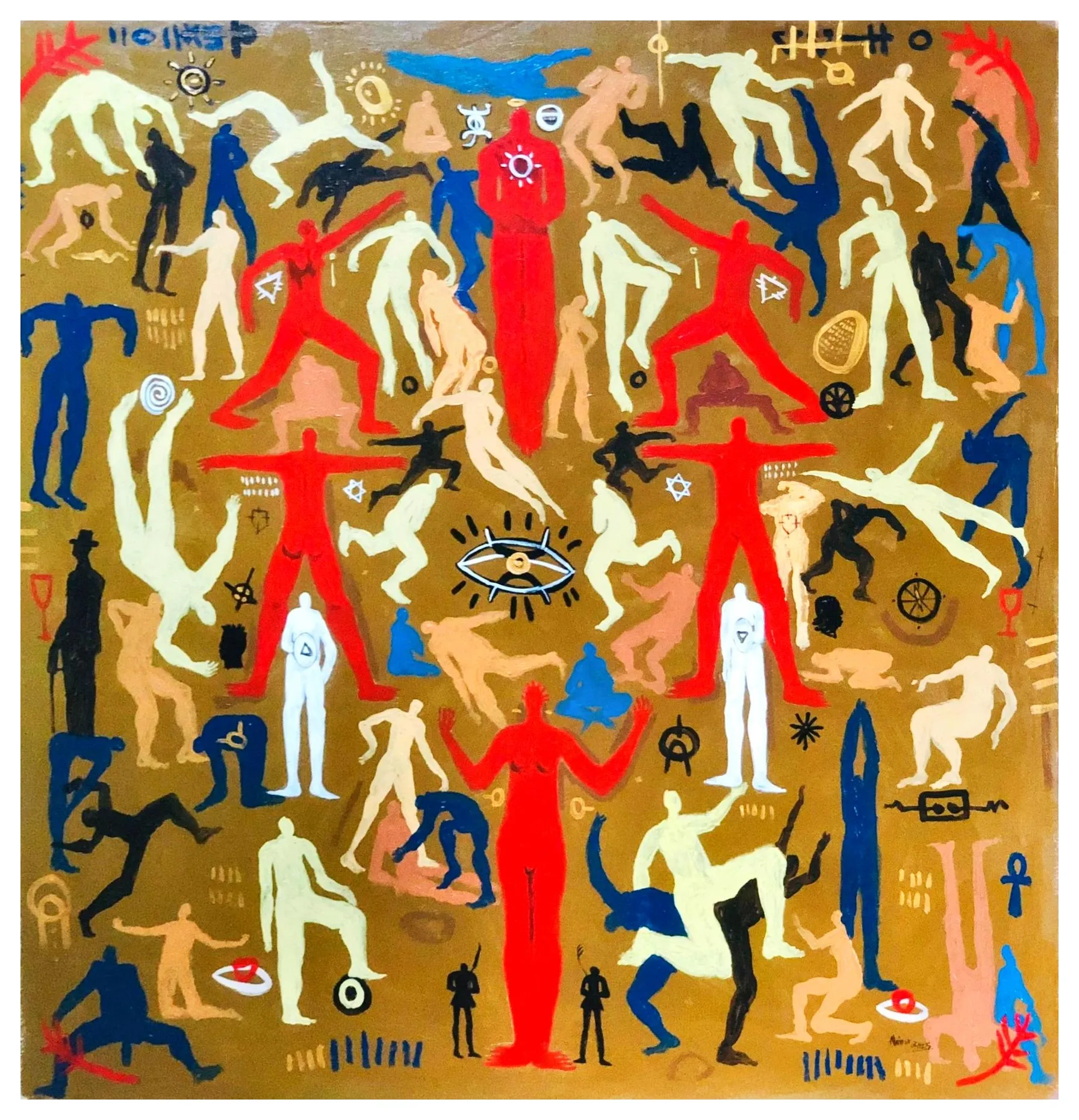 “Oracle of the In-Between” explores the delicate, often chaotic space where opposites meet—flesh and spirit, light and shadow, silence and sound. The figures in motion represent fragments of the self and society, each caught in the act of becoming, collapsing, or awakening. The central eye watches not from above, but from within, symbolizing an inner oracle that thrives in ambiguity. Red figures stand as spiritual sentinels; white forms echo the soul’s quiet presence; and the interplay of symbols gestures toward ancient truths we carry in our bones. This painting is a meditation on balance-on the sacred tension between order and disorder, presence and absence. It speaks to those who move through the world holding multiple truths at once, finding meaning in the spaces in-between.

Made with acrylic on canvas 
