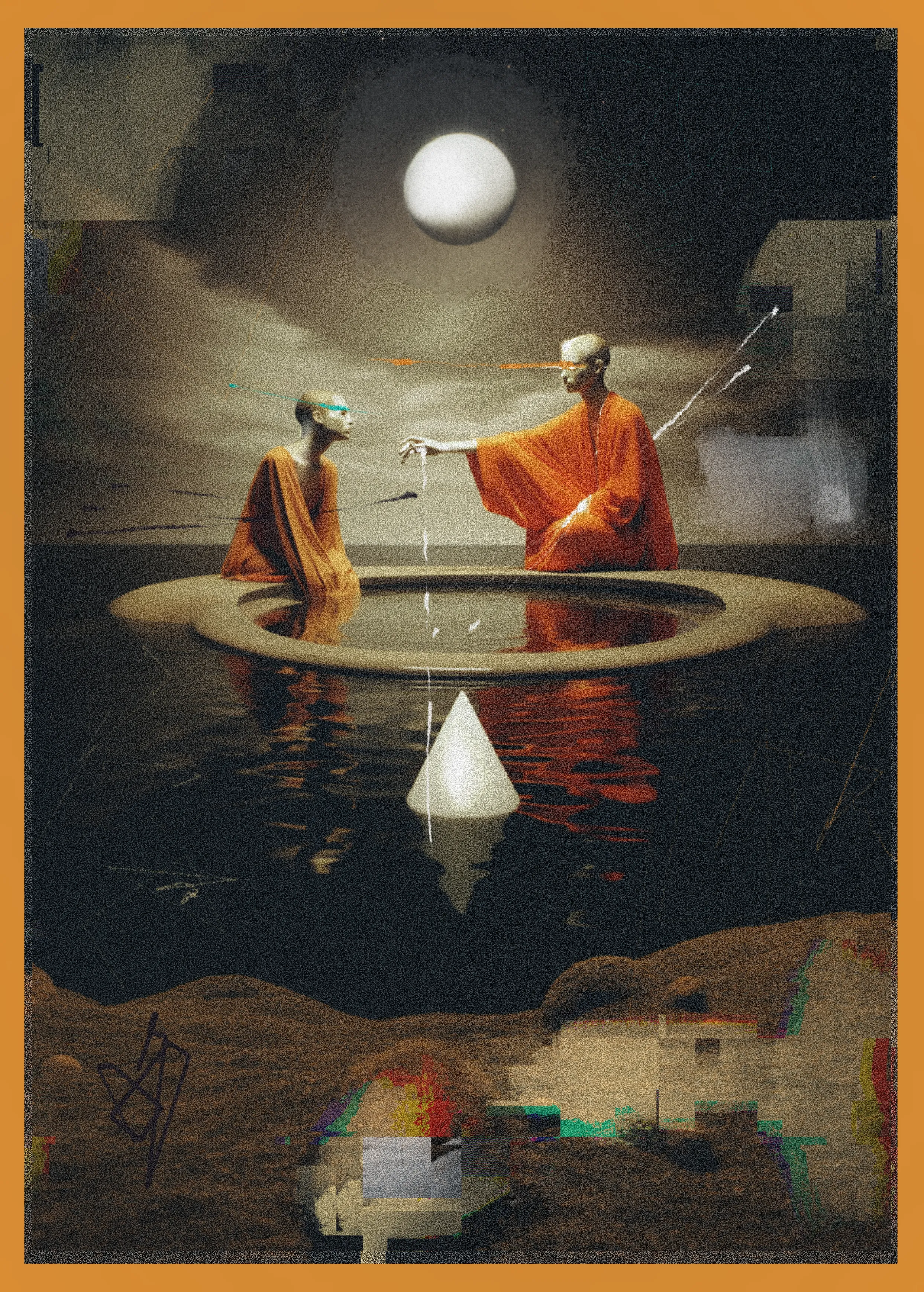 // SUB LUNA = UNDER THE MOON //

[Ritual: Initiation Ceremony]

And under the radiant gaze of the celestial moon, the faithful congregated by the pool of obsidian, ready to partake in the sacred initiation ceremony. 

As the night sky shimmered with stars, casting an otherworldly glow upon them, a palpable sense of anticipation filled the air. The pool of obsidian, a gateway to the realms unseen, reflected the moon's luminescence, symbolizing the depths of hidden knowledge awaiting revelation. 

In this sacred space, seekers of divine truth prepared to undergo the transformative rite of passage. As they sat by the the dark waters, a baptism of obsidian, they embraced the unknown, their spirits attuned to the cosmic energies pulsating through the sacred pool. 

Through this initiation, they embarked upon a journey of enlightenment and initiation, emerging reborn, their souls anointed by the mystic forces that dwell beneath the lunar glow. May the pool of obsidian serve as a vessel of revelation, guiding the initiated towards the luminous path of divine purpose.

[The collector of this token will hereby become a member of the Arcanum Aquae Obscurae and will be entitled to the great rewards it will bring both spiritual and metaversal]

Bidders edition inc. for all [CLAVIS]

AI + Analog + Digital Painting by Rocketgirl @rocketgirl