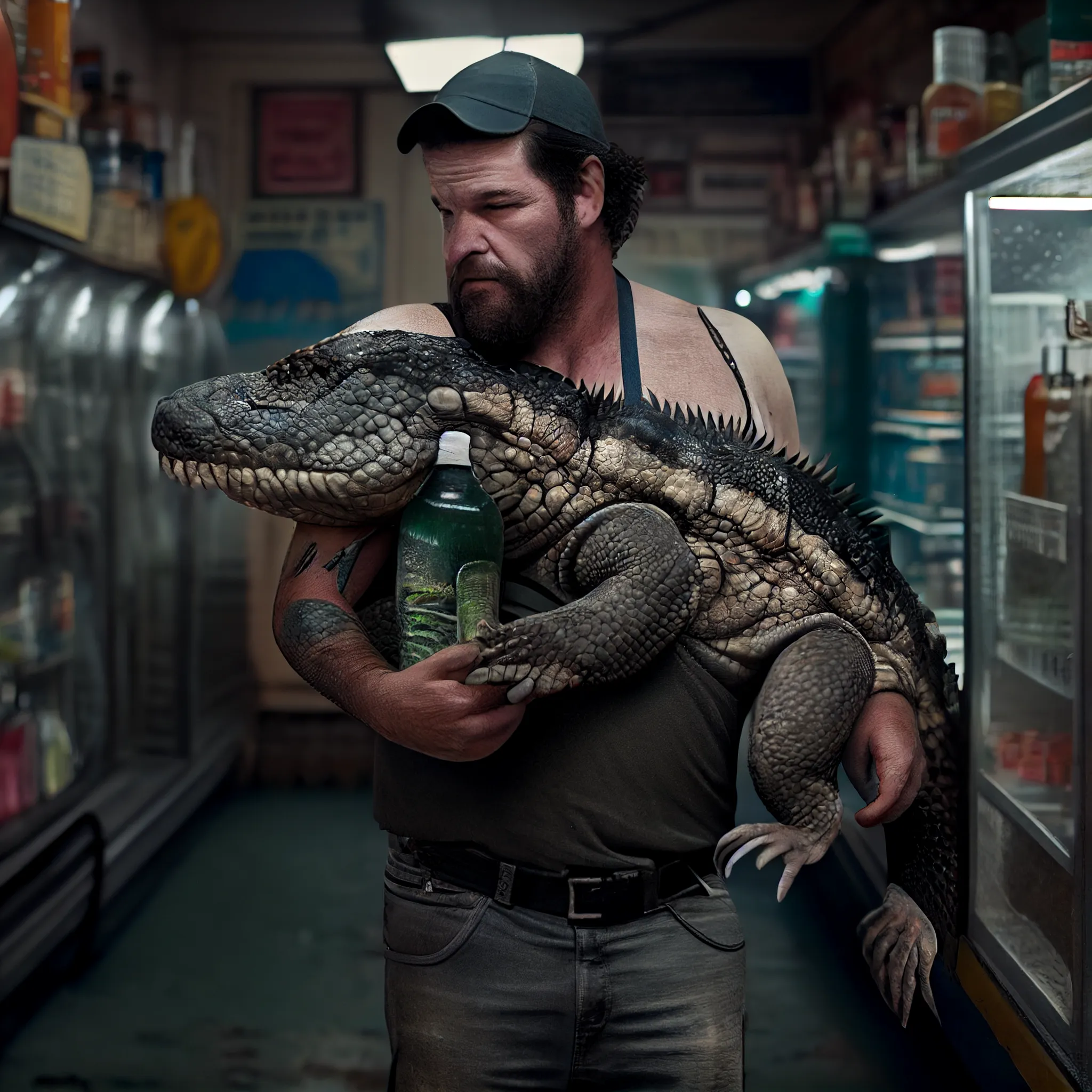 July 28, 2018: Florida man makes beer run with gator in hand.

A man made a beer run into a Jacksonville convenience store carrying a live alligator.

Video posted by television station WTLV shows the unidentified man walking into the Jacksonville store holding the gator with his right hand.

He walks with the gator toward the counter, asking, "Ya'll aint out of beer are you?"

He then sees someone in the back of the store and says, "Is he taking the last bit of beer? You aren't taking the last bit of beer are you?"

The man with the gator jokingly runs at the other man as people in the store laugh.

The television station says Florida wildlife investigators are looking into the incident.