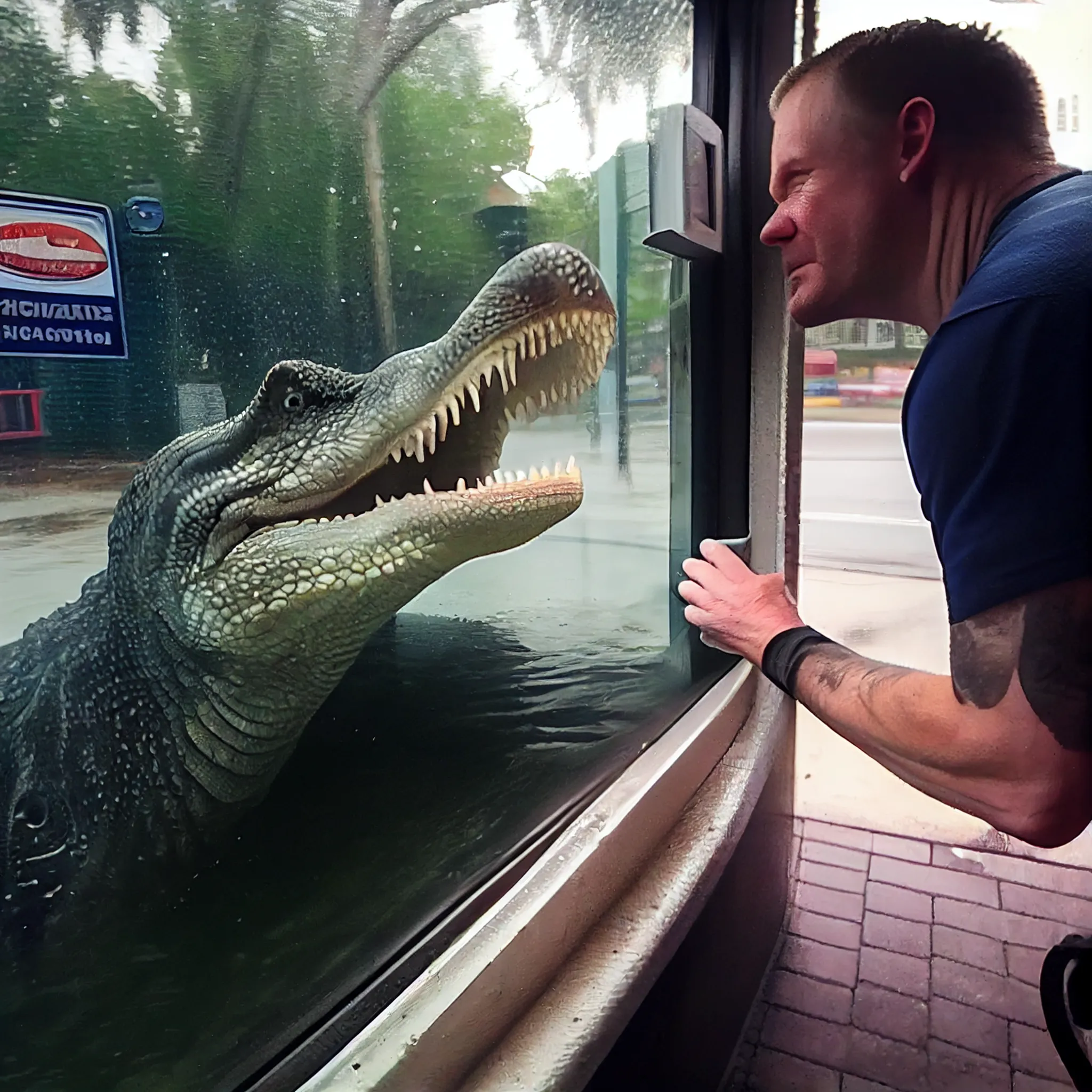 October 11, 2015: Florida man arrested for throwing alligator through drive-thru window.

Florida Man was arrested and charged with assault with a deadly weapon without intent to kill after allegedly throwing an alligator through a fast-food chain’s drive-thru window.

Florida Man threw a 3.5 foot alligator through a Palm Beach County Wendy’s drive-thru window according to Florida Fish Wildlife and Conservation officials. He was also charged with illegally possessing an alligator and petty theft.

A report that Florida Man drove his pickup truck to the window at about 1:20 a.m. Oct. 11 was written by a wildlife officer. When an employee handed Florida Man his drink, he tossed an alligator through the window and sped off.

The Palm Beach Post noted that Florida Man faces a third-degree felony charge for possessing the reptile. If he is convicted of that particular charge, he could face up to five years in prison.