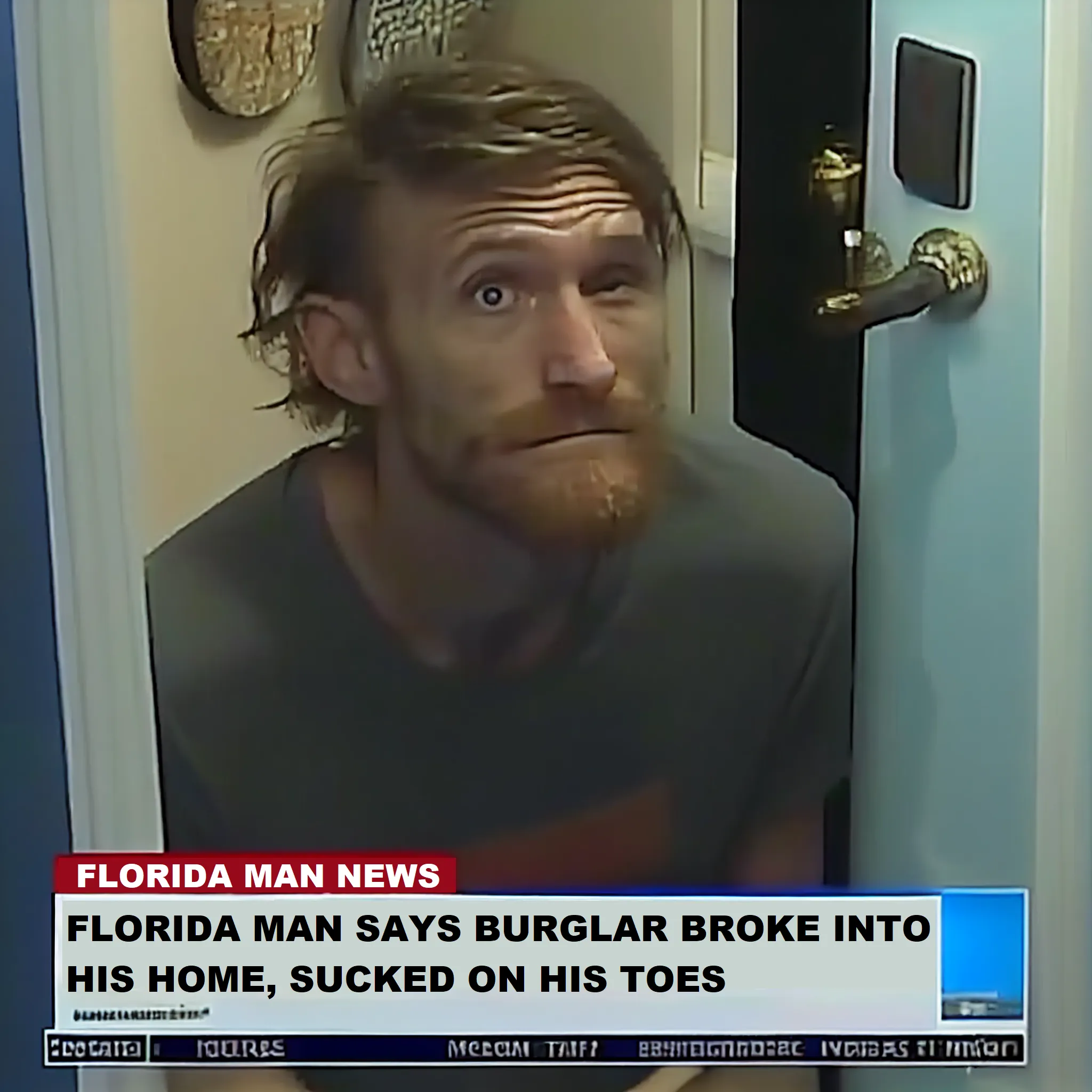 January 6, 2020: Florida man says burglar broke into his home, sucked on his toes.

Police in Florida are looking for a suspect accused of breaking into a home and sucking on a sleeping man’s toes, deputies said.

According to the Bradenton Herald and WTSP, the incident occurred Christmas Eve at a home in Bradenton, the Manatee County Sheriff’s Office said. The resident said he awoke to find the intruder at his feet, the outlets reported. The suspect then declared that he had entered the home “to suck toes,” the police report said.

The intruder also tried to fondle the resident and claimed he was armed, the victim told deputies. After the pair fought, the suspect broke a window and smashed the resident’s car windshield before fleeing, authorities said.