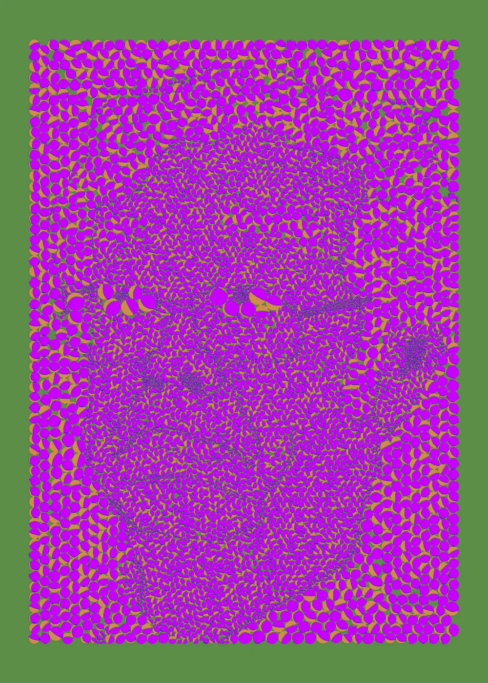 LUNAMOTO is an homage to the original Rare Pepe NAKAMOTO card and Matt Kane's Gazers.

A portion of the Nakamoto card was remapped with a custom circle packing algorithm with exactly 6900 vertices, coupled with a random vector field where the centers are moved around to create moon-like arcs; the color palette is a combination of pepe green, gazer purple, and moon yellow itself.