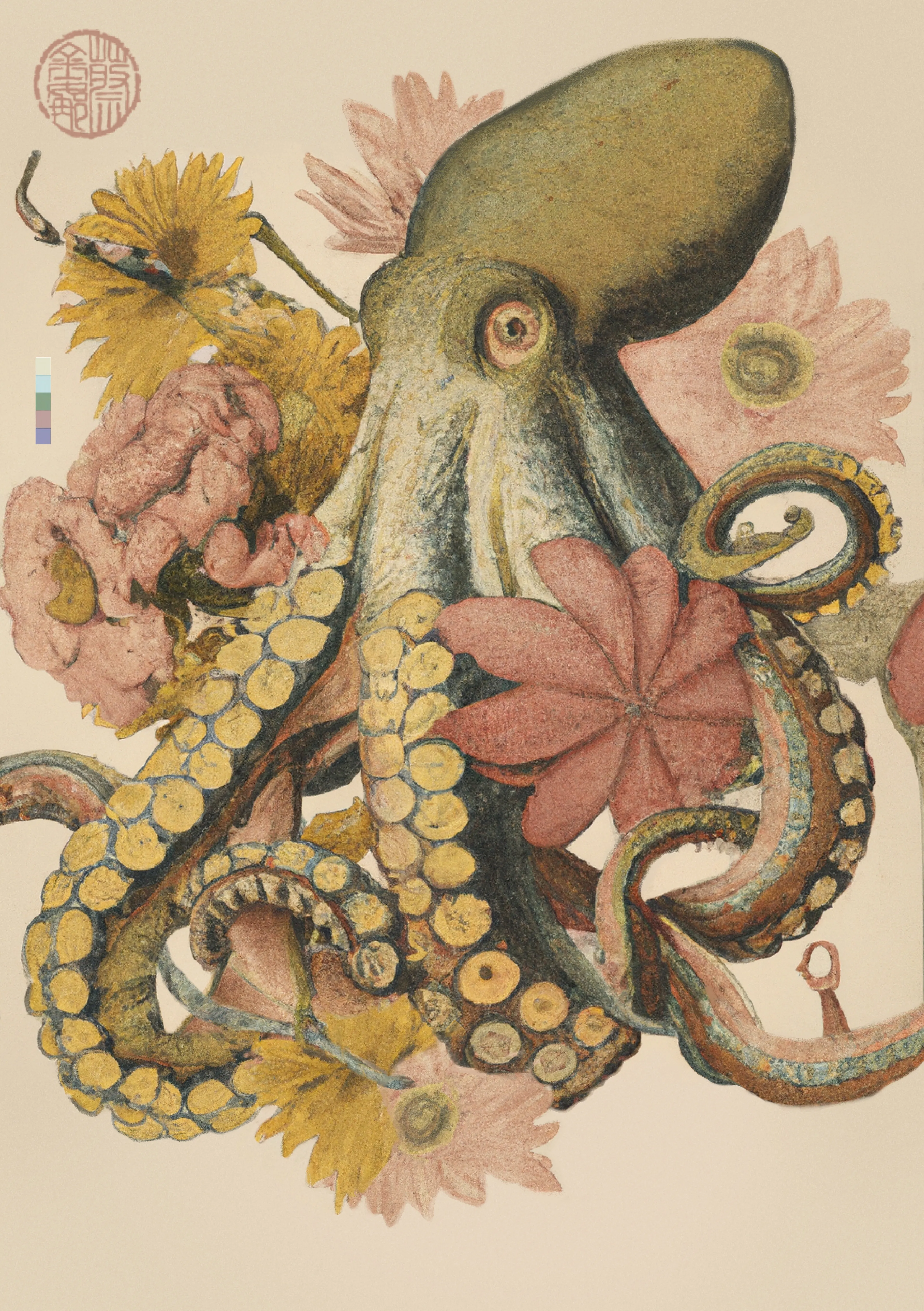 'OCTOPUSSY’ is a creative response to the rising power of the feminine that I feel within myself and the world around me. At this time in history I sense the blooming of a geography of thought that embraces the intuitive, aesthetic and natural forces around and within us.  
The Octopus is a creature I associate with the sacred feminine - powerful, mysterious, sensual and intelligent. Working with this potent symbol, and a fusion of the written word with AI and digital painting tools, I've created artworks that celebrate the power of the divine feminine and the ecosystems that foster this internal force within us all.