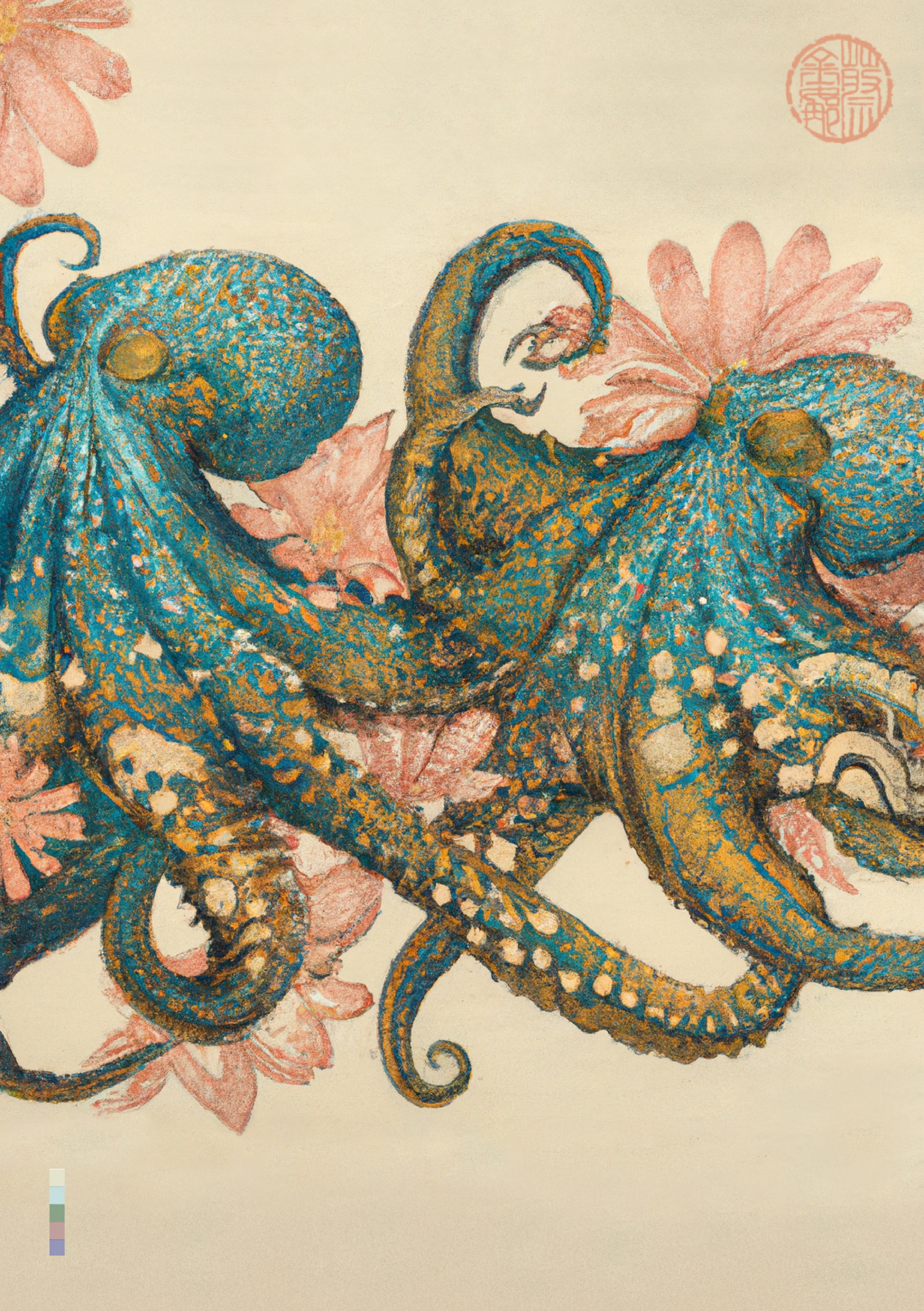 ‘OCTOPUSSY’ is a creative response to the rising power of the feminine that I feel within myself and the world around me. At this time in history I sense the blooming of a geography of thought that embraces the intuitive, aesthetic and natural forces around and within us.  
The Octopus is a creature I associate with the sacred feminine - powerful, mysterious, sensual and intelligent. Working with this potent symbol, and a fusion of the written word with AI and digital painting tools, I've created artworks that celebrate the power of the divine feminine and the ecosystems that foster this internal force within us all.