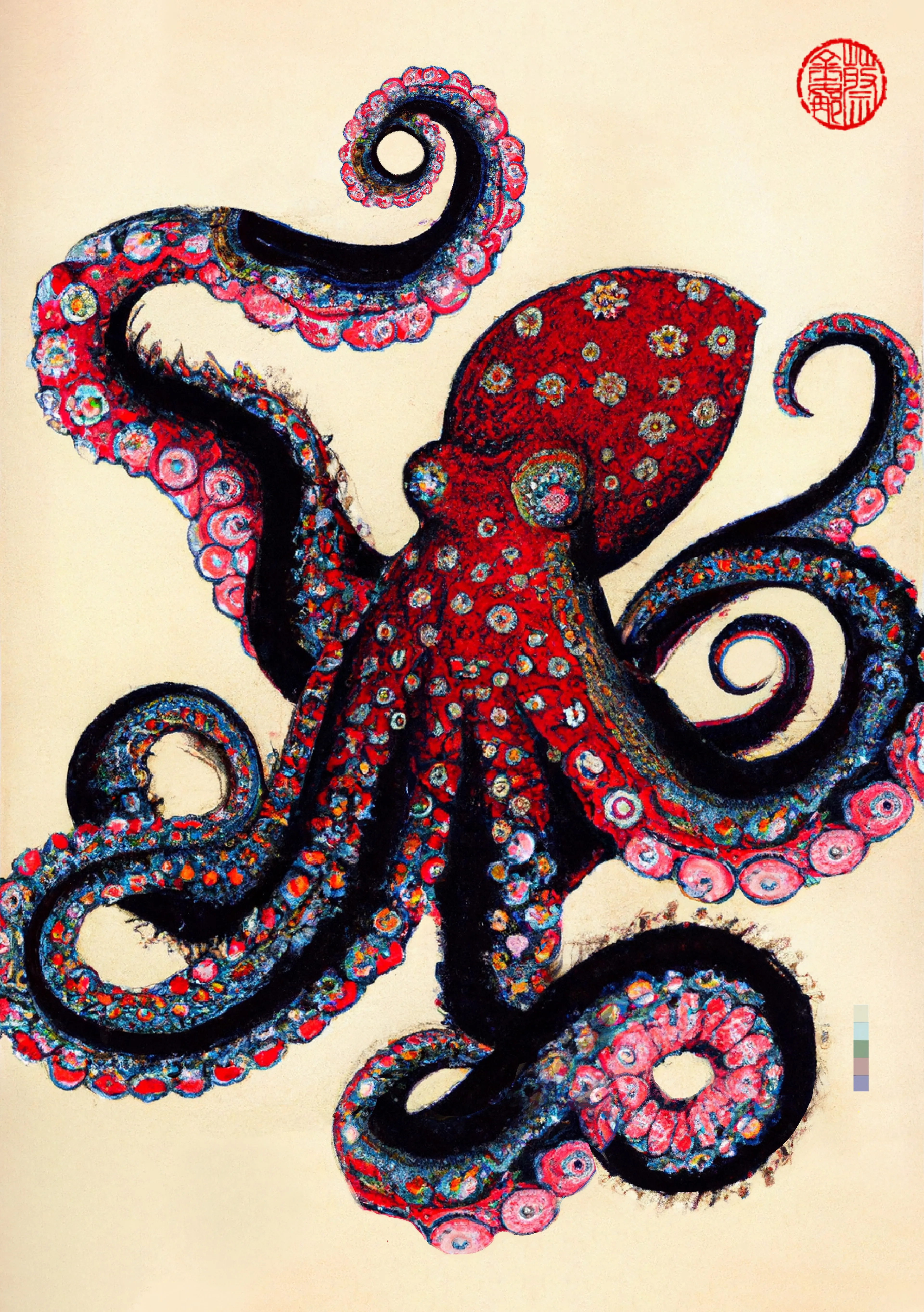 'OCTOPUSSY' is my creative response to the rising power of the feminine that I feel within myself and the world around me. At this time in history I sense the blooming of a geography of thought that embraces the intuitive, aesthetic and natural forces around and within us.  
The Octopus is a creature I associate with the sacred feminine - powerful, mysterious, sensual and intelligent. Working with this potent symbol, and a fusion of the written word with AI and digital painting tools, I've created artworks that celebrate the power of the divine feminine and the ecosystems that foster this internal force within us all.